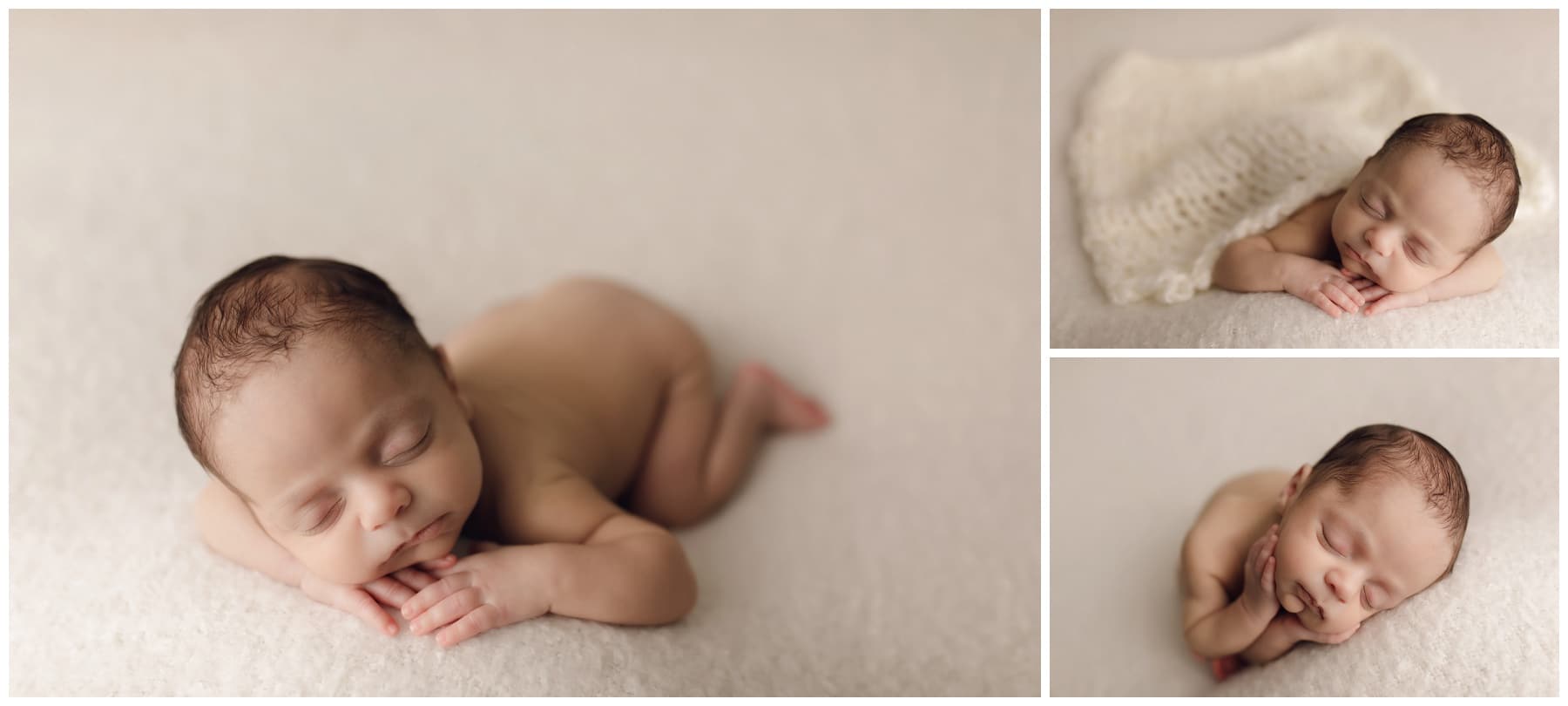 Newborn baby boy sleeping on crea, blanket during photo session with 8.08 Photography in Jacksonville Fl