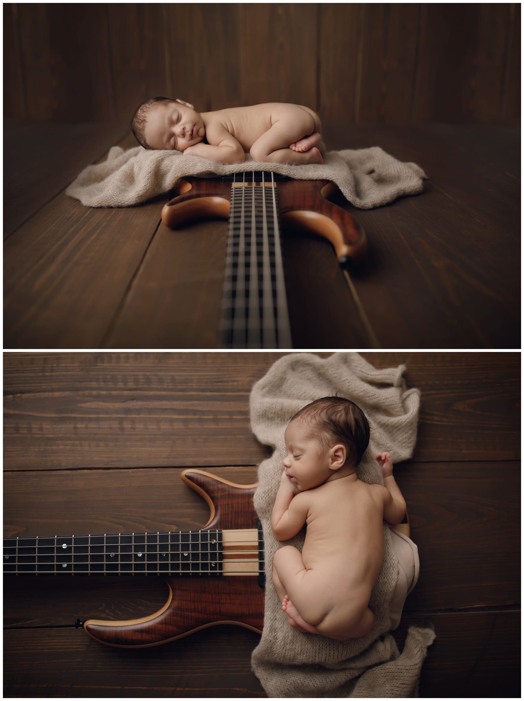 Newborn baby boy posed on top of bass guitar on wood backdrop during newborn photo session with 8.08 Photography in Ponte Vedra Fl