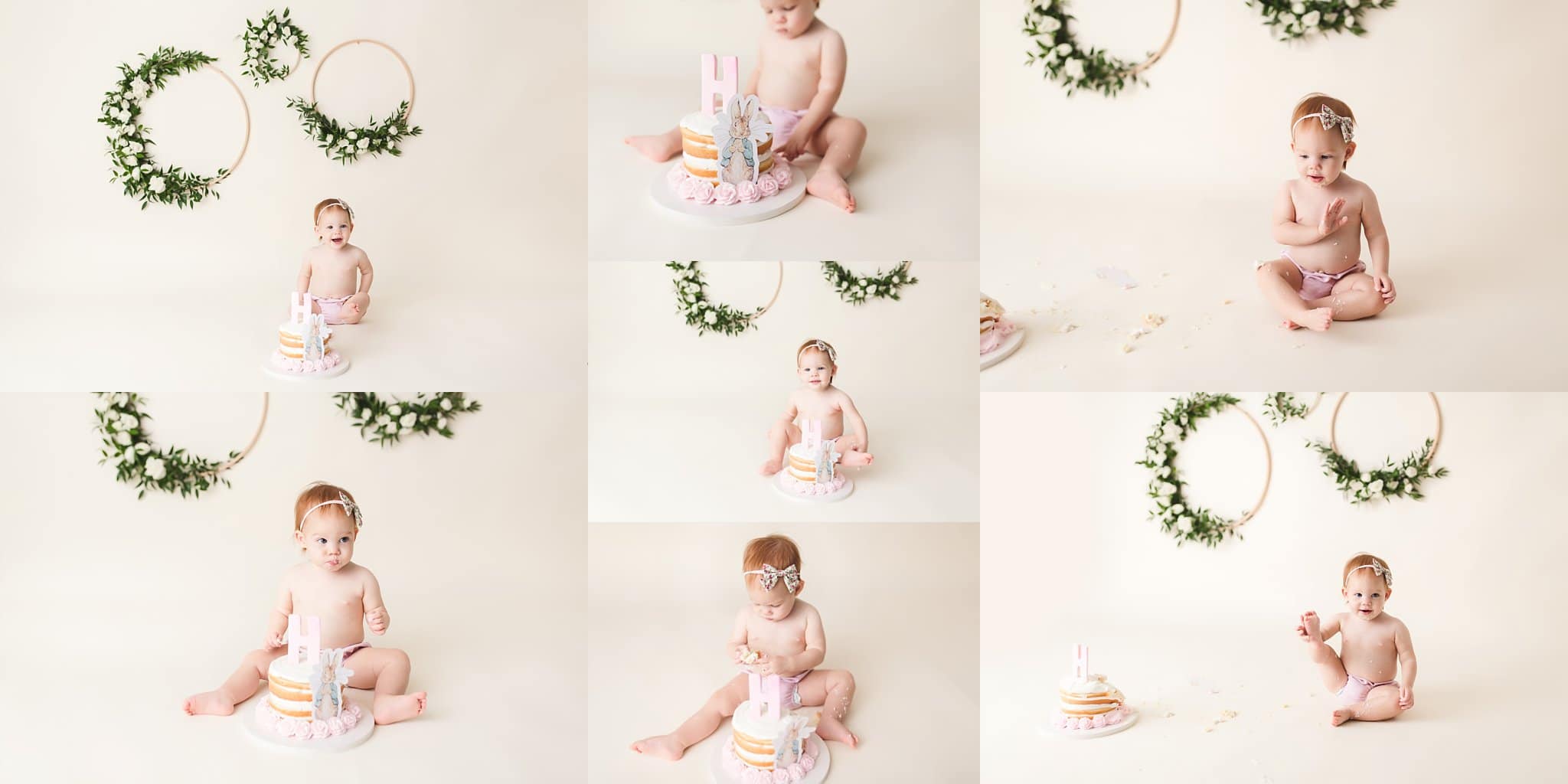 toddler girl smashcake cream background floral wreaths 1st Birthday Pics Jacksonville