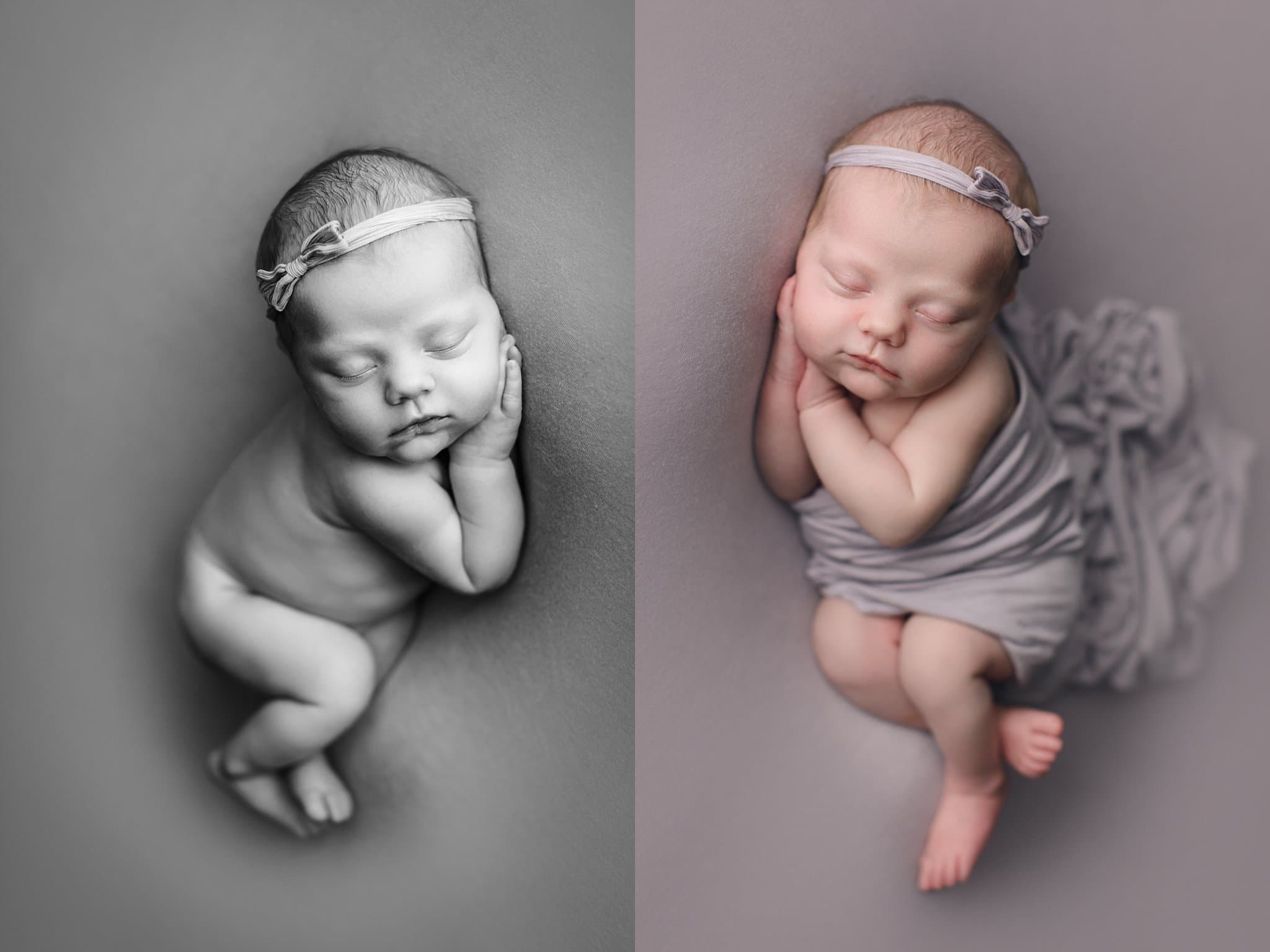 Custom Newborn Portraiture Jacksonville Fl newborn photo session. sleeping baby with simple headband purple backdrop black and white