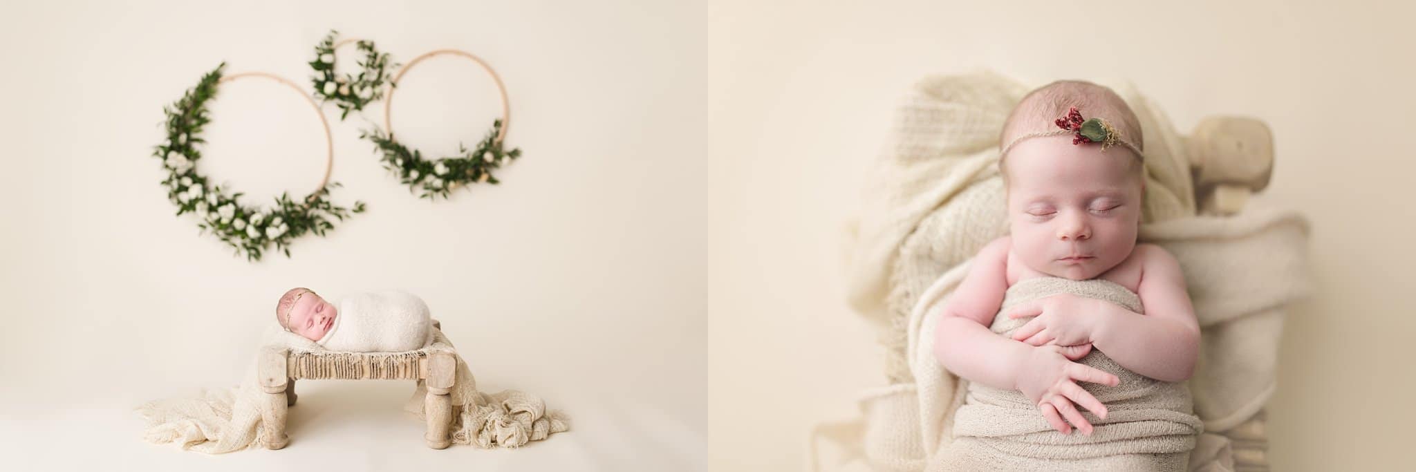 new baby photos newborn baby girl swaddled in cream on cream background with greenery wreaths newborn photo session by 8.08 Photography in ponte vedra fl