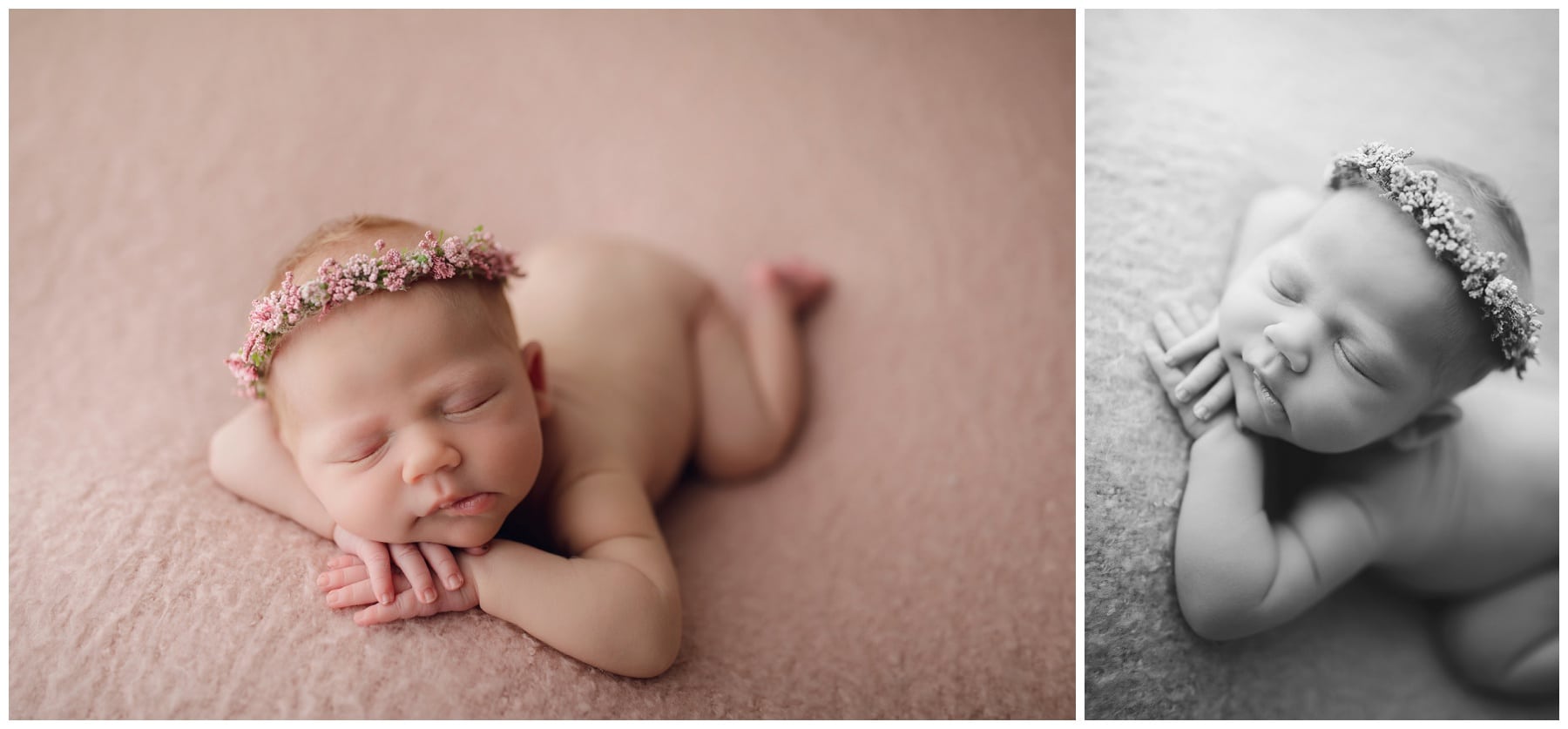 new baby photos sleeping baby girl on soft pink backdrop with floral halo