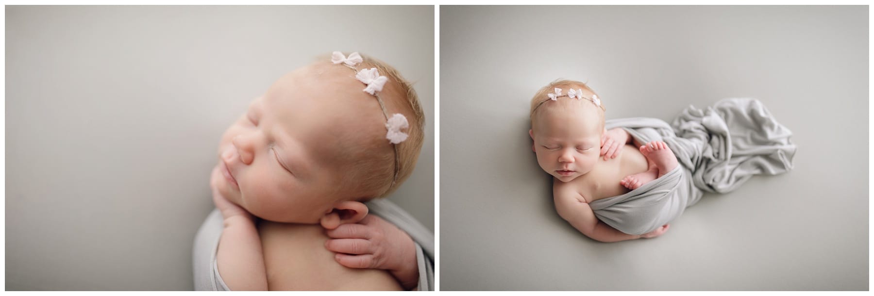 new baby photos sleeping baby firl with ginger hair on sage backdrop with delicate pink headband