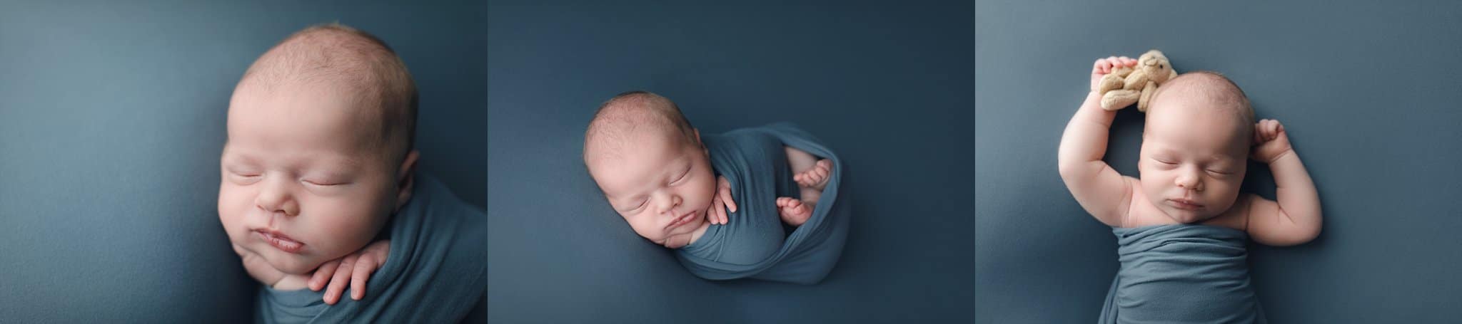 newborn baby boy sleeping teal background