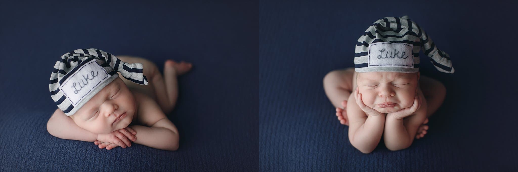 newborn baby boy striped sleepy cap froggy pose on blue background