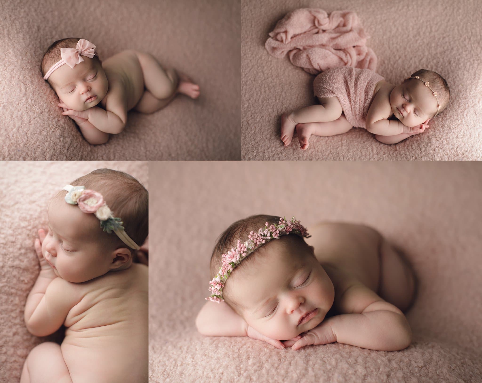newborn baby girl sleeping on blush pink textured background wearing beautiful headbands