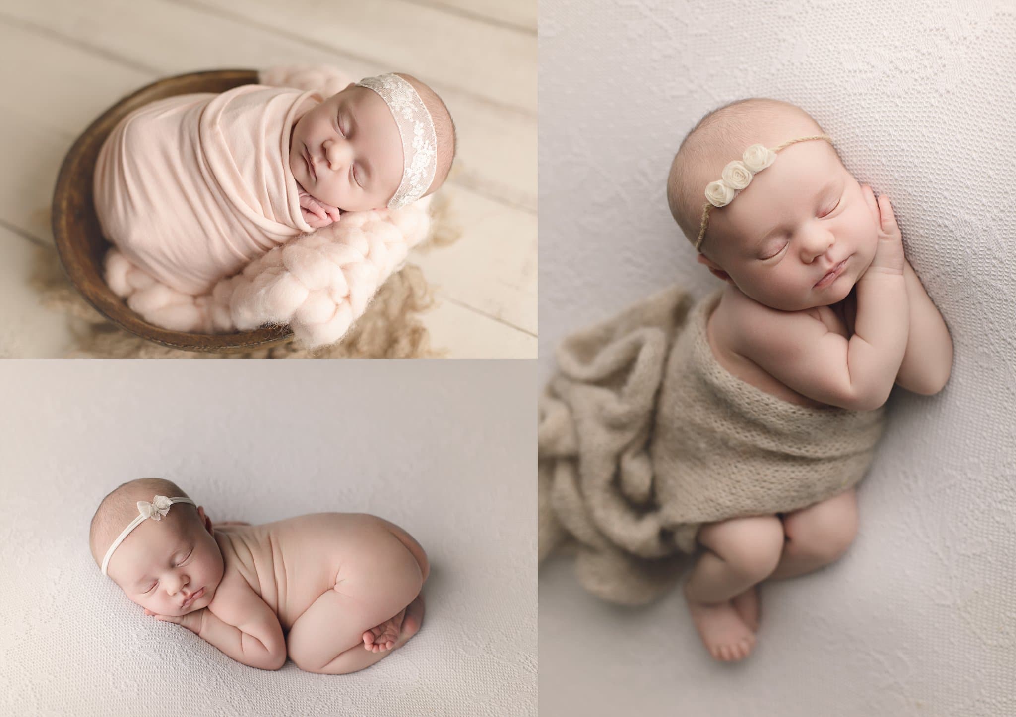 newborn baby girl sleeping on cream backgrounds