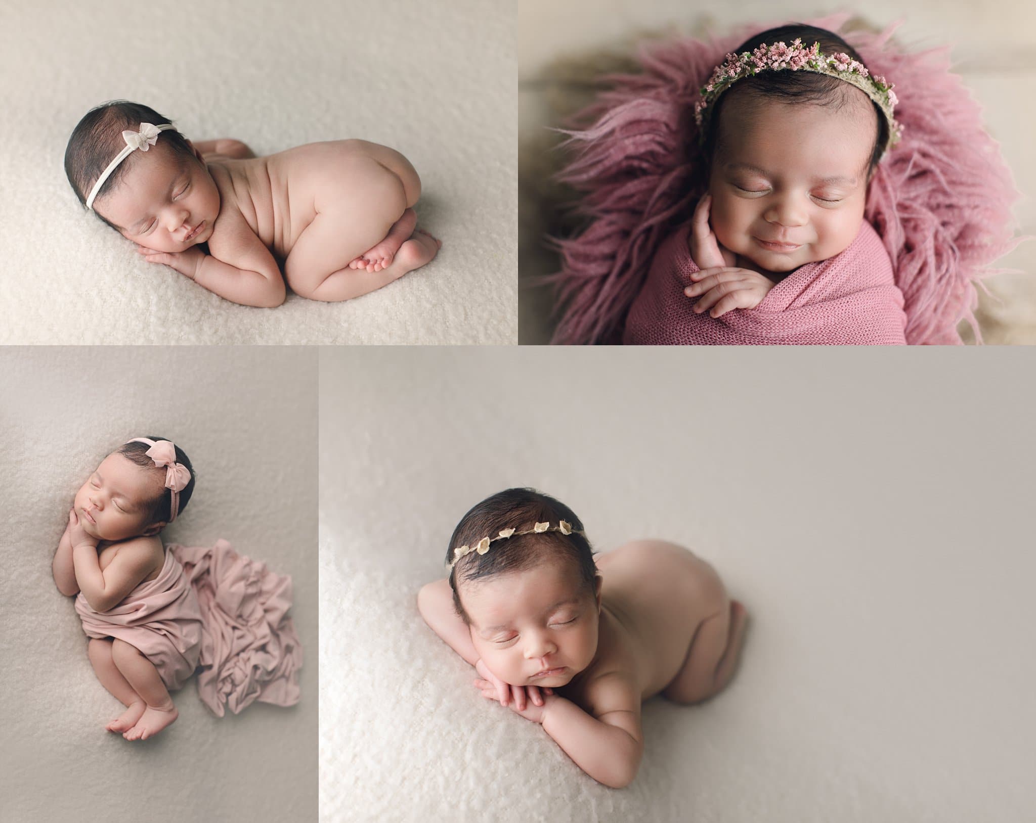 newborn baby girl on cream background with pink accents smiling in petite floral halo