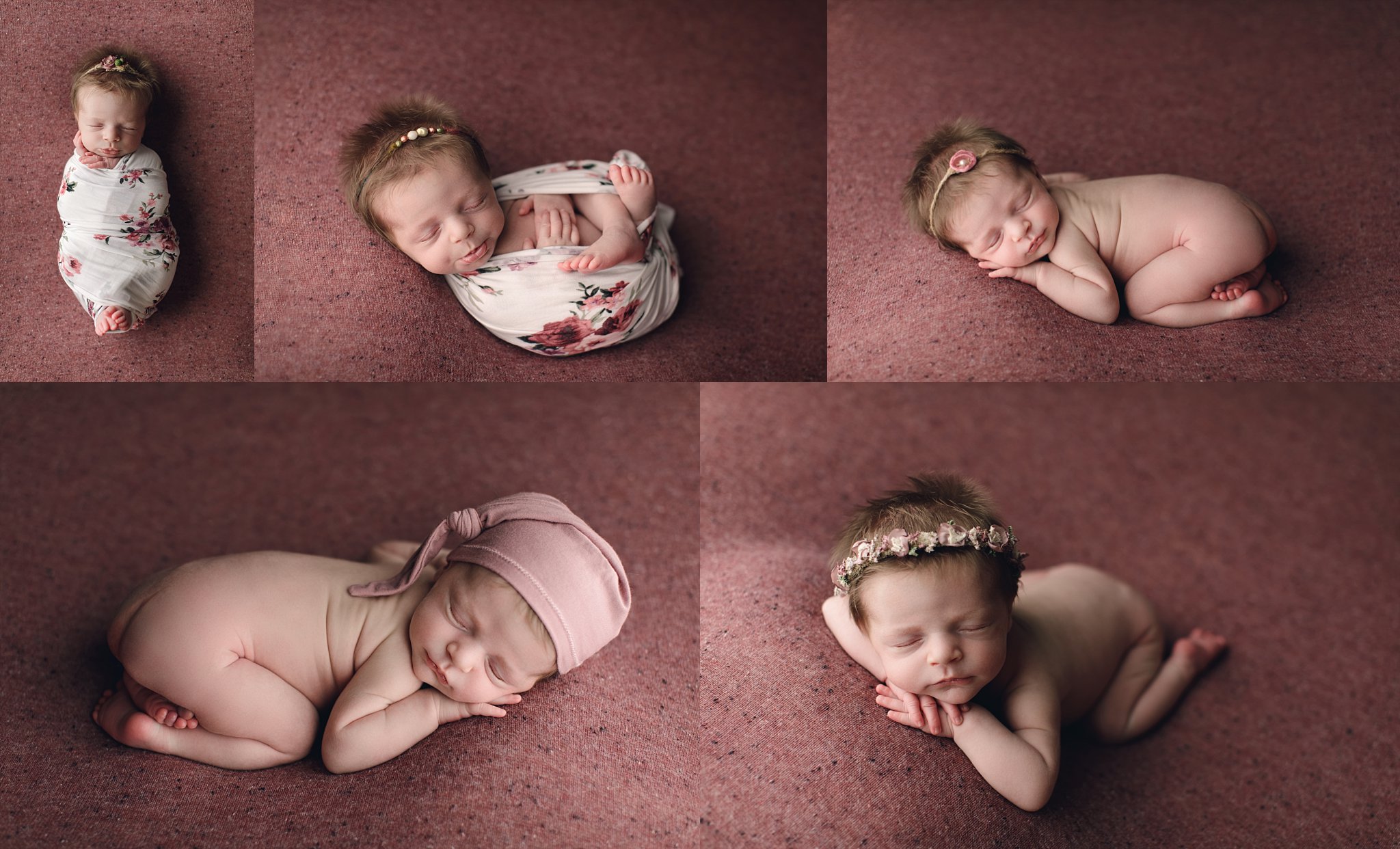 Newborn baby girl with fuzzy hair sleeping on dark pink blanket