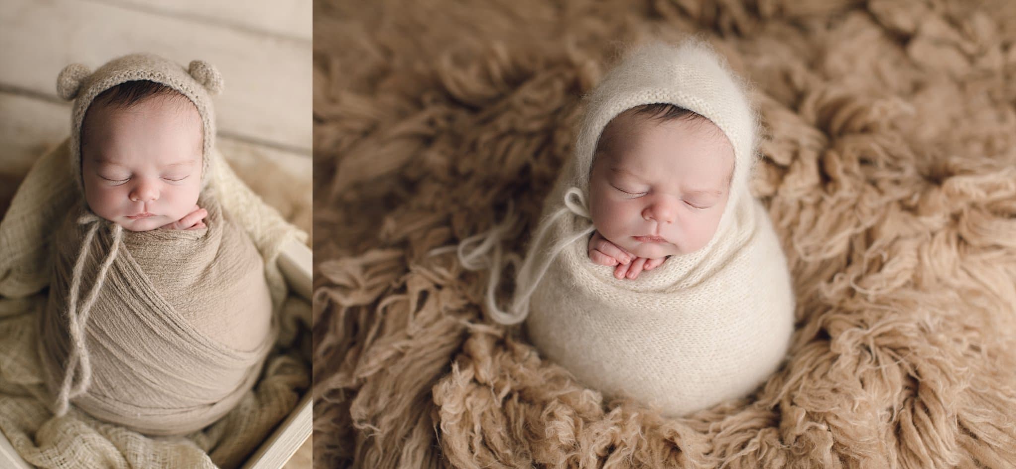 Newborn baby boy swaddled and sleeping. teddy bear bonnet cream wrap