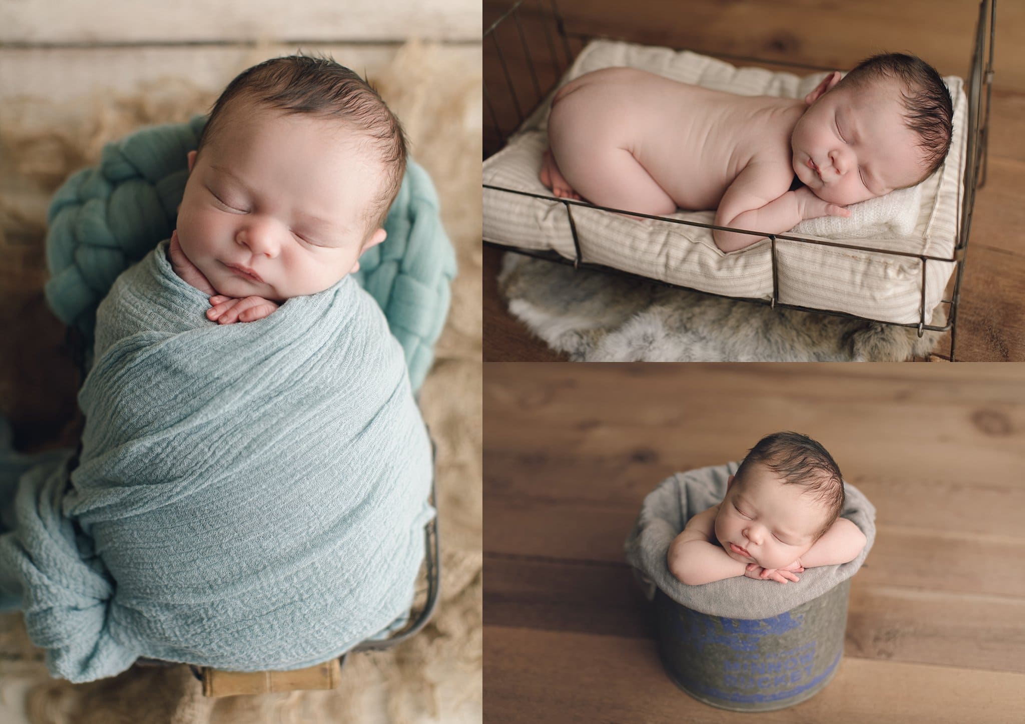 baby photographynewborn baby boy sleeping and posed in various baskets grey and aqua accents