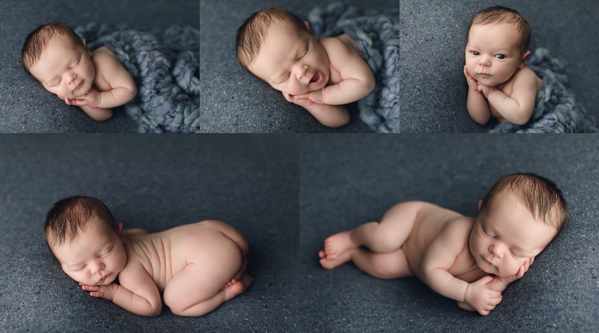 newborn baby boy posed on dark blue heathered background yawning and eyes wide open