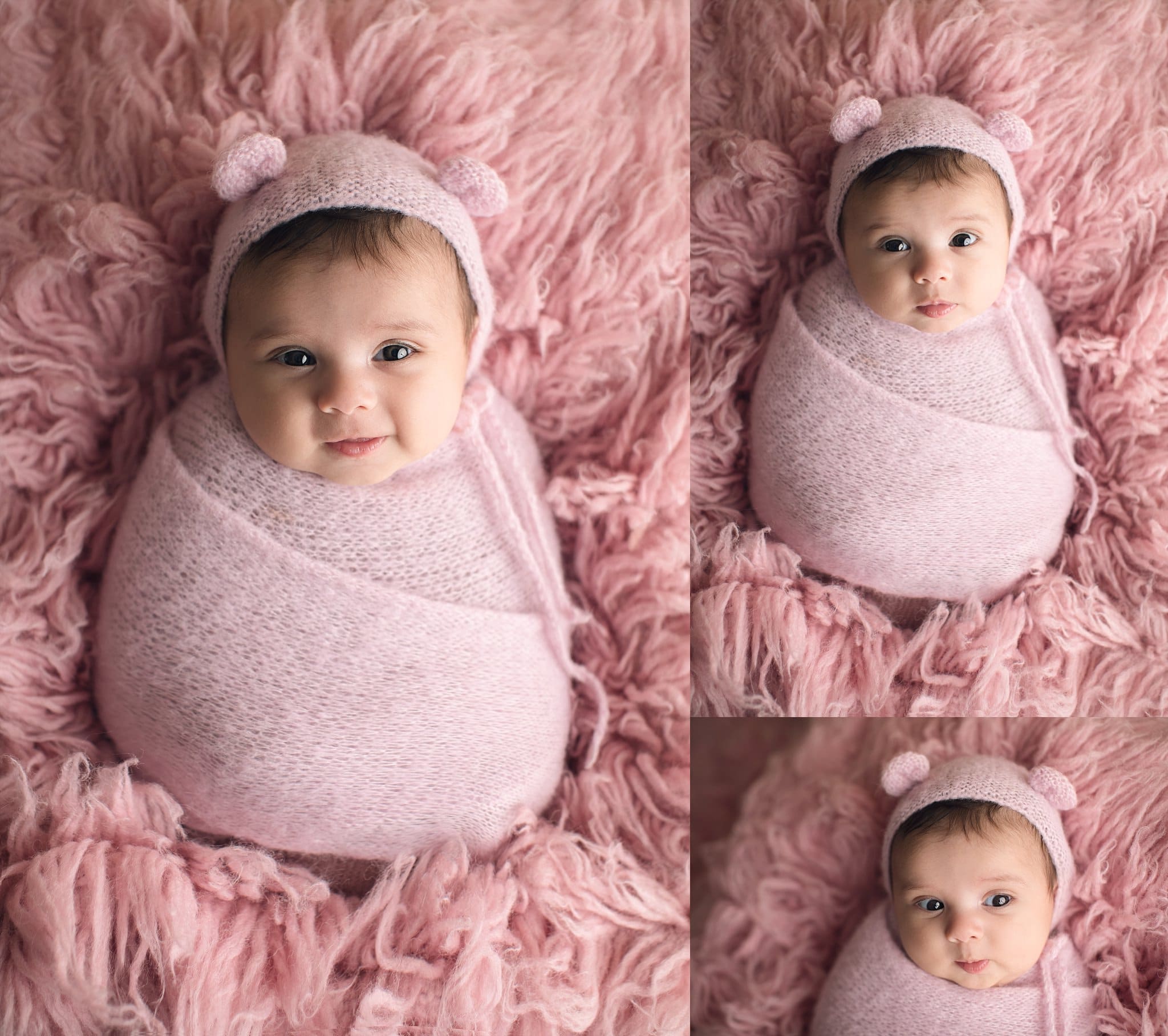 2 month old baby girl swaddled in pink on pink fur with pink teddy bear bonnet.