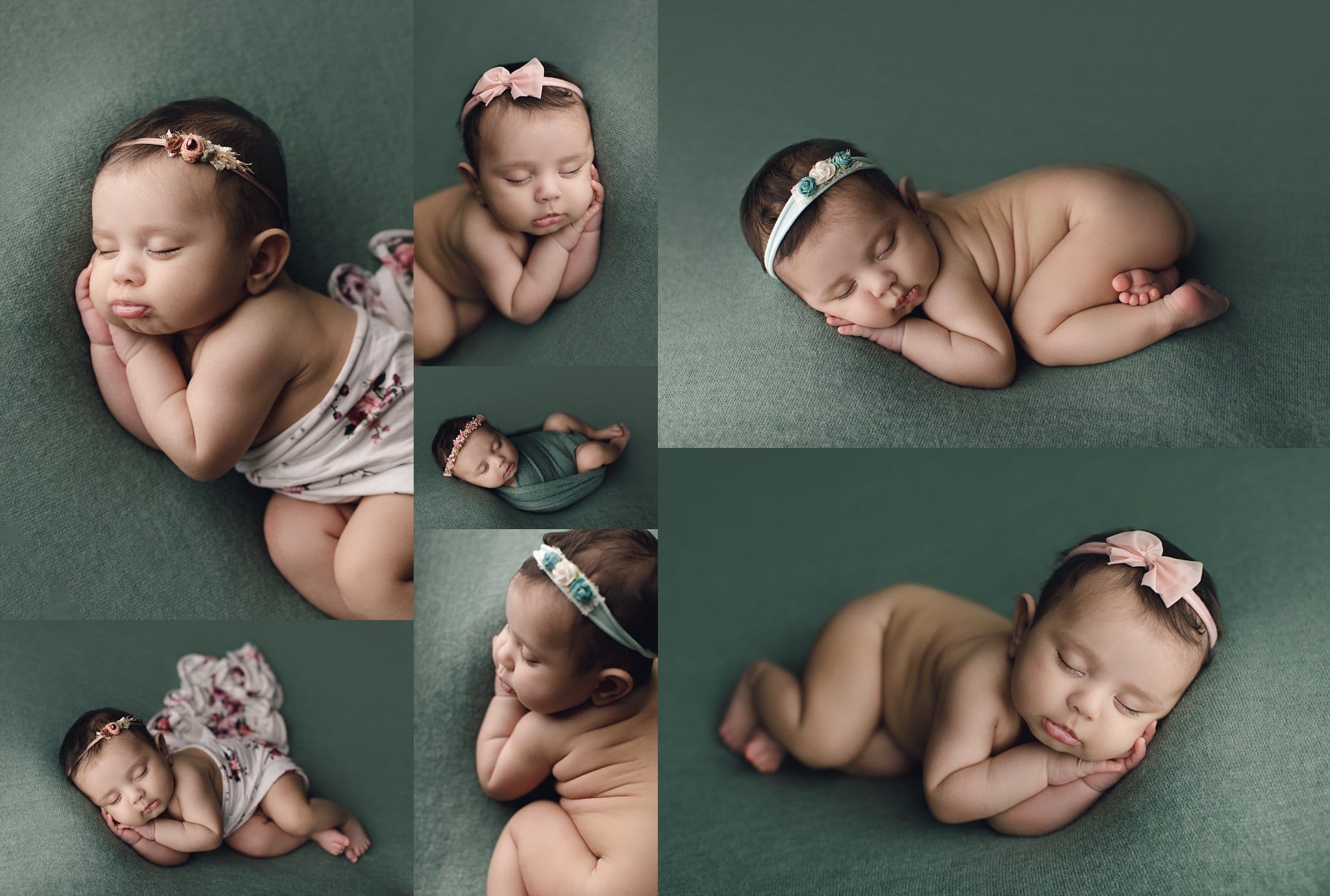 baby photography beautiful newborn baby girl sleeping on green background with floral wrap and pretty headbands