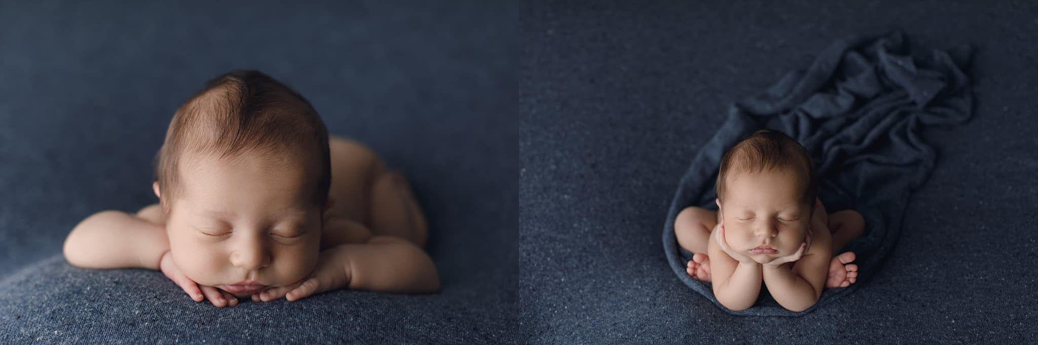 baby photography newborn baby boy sleepy on dark blue blanket froggy pose