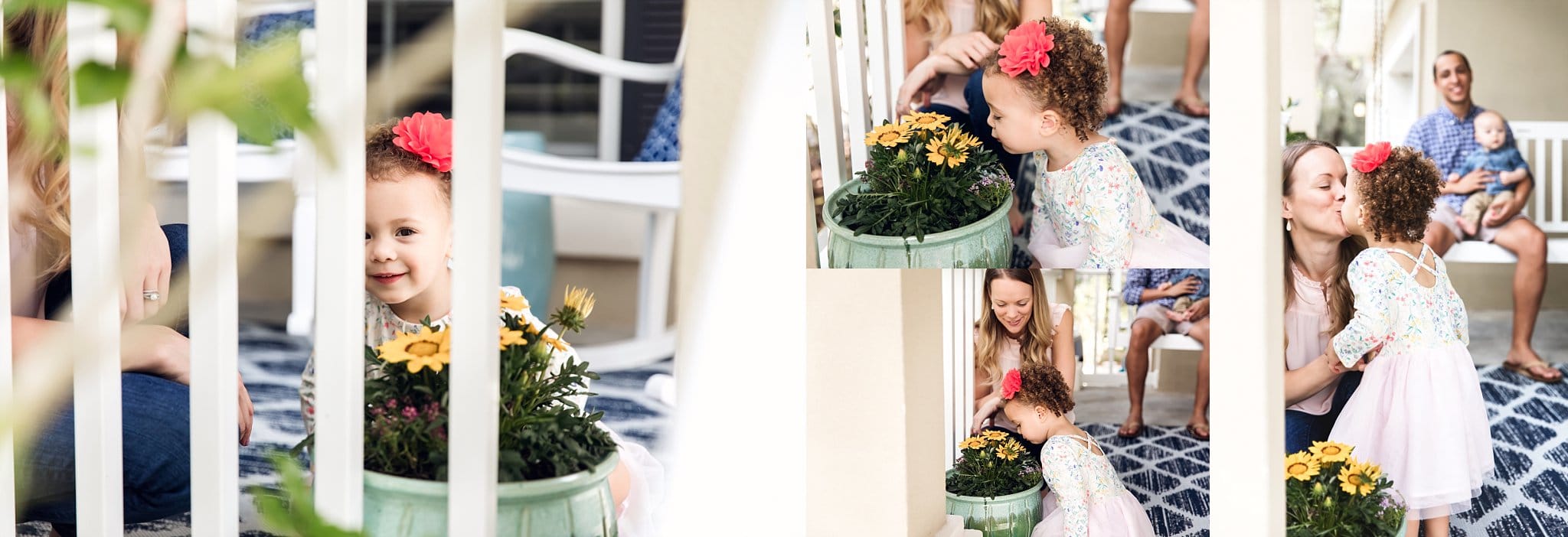 St Augustine Lifestyle Photographer toddle girl smelling flowers on fron porch as mom looks on.