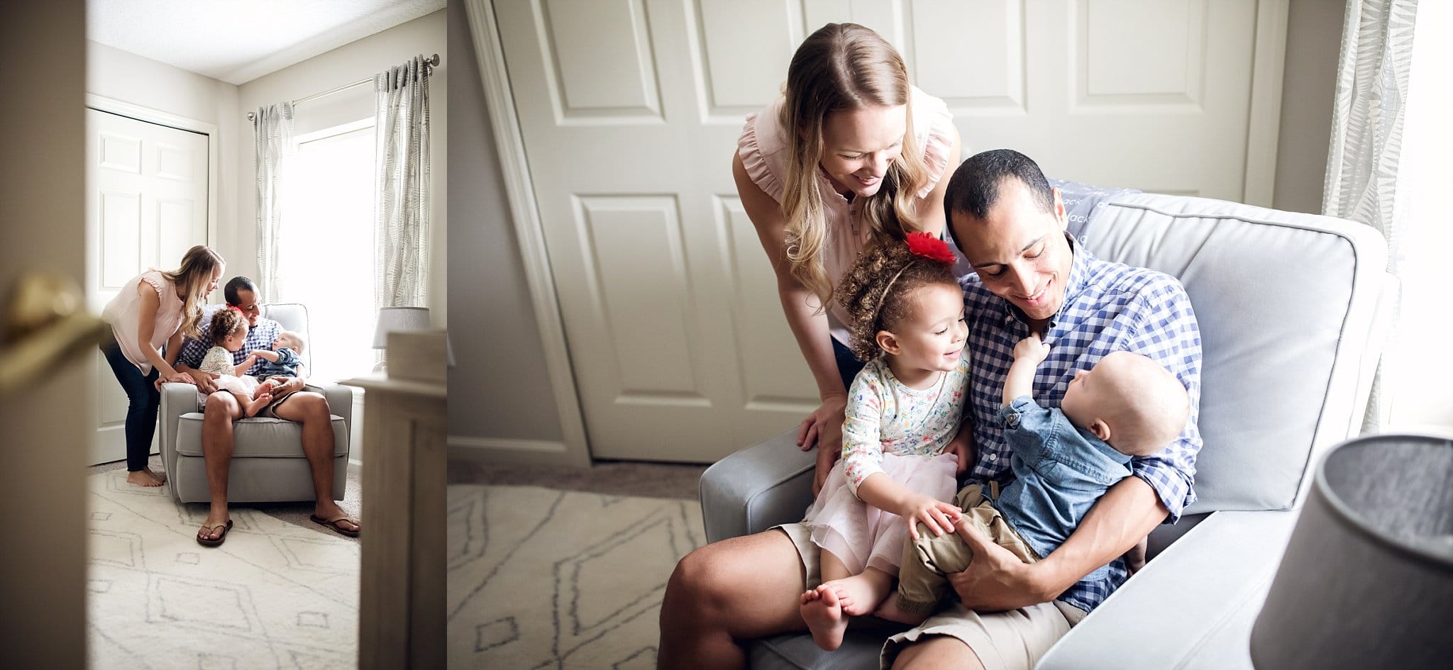 St Augustine Lifestyle Photographer dad snuggling with 2 kids in baby nursery as mom looks on