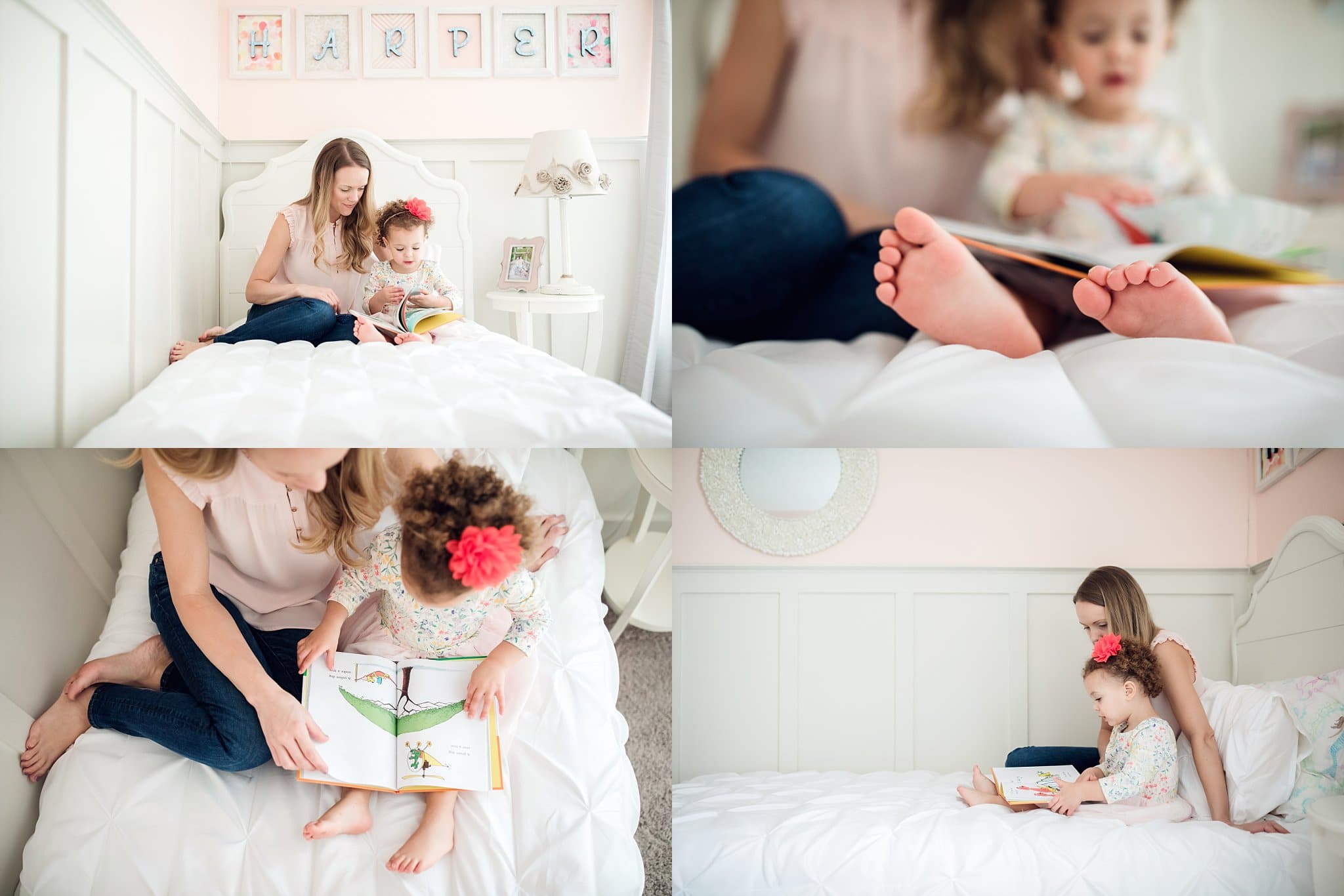 St Augustine Lifestyle Photographer mom and little girl reading book together in bedroom.