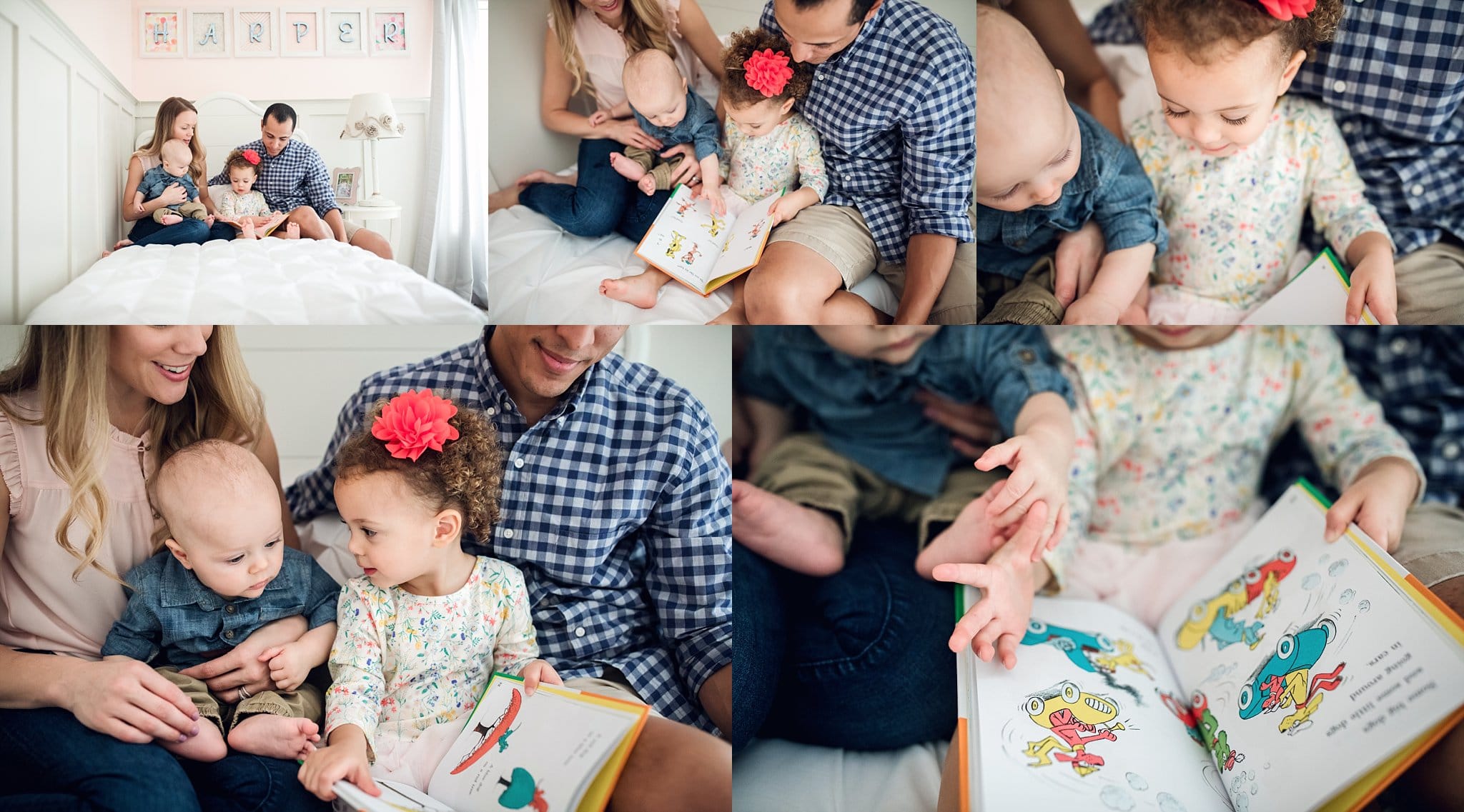 St Augustine Lifestyle Photographer family reading time in big sister's bed during in home family photo session
