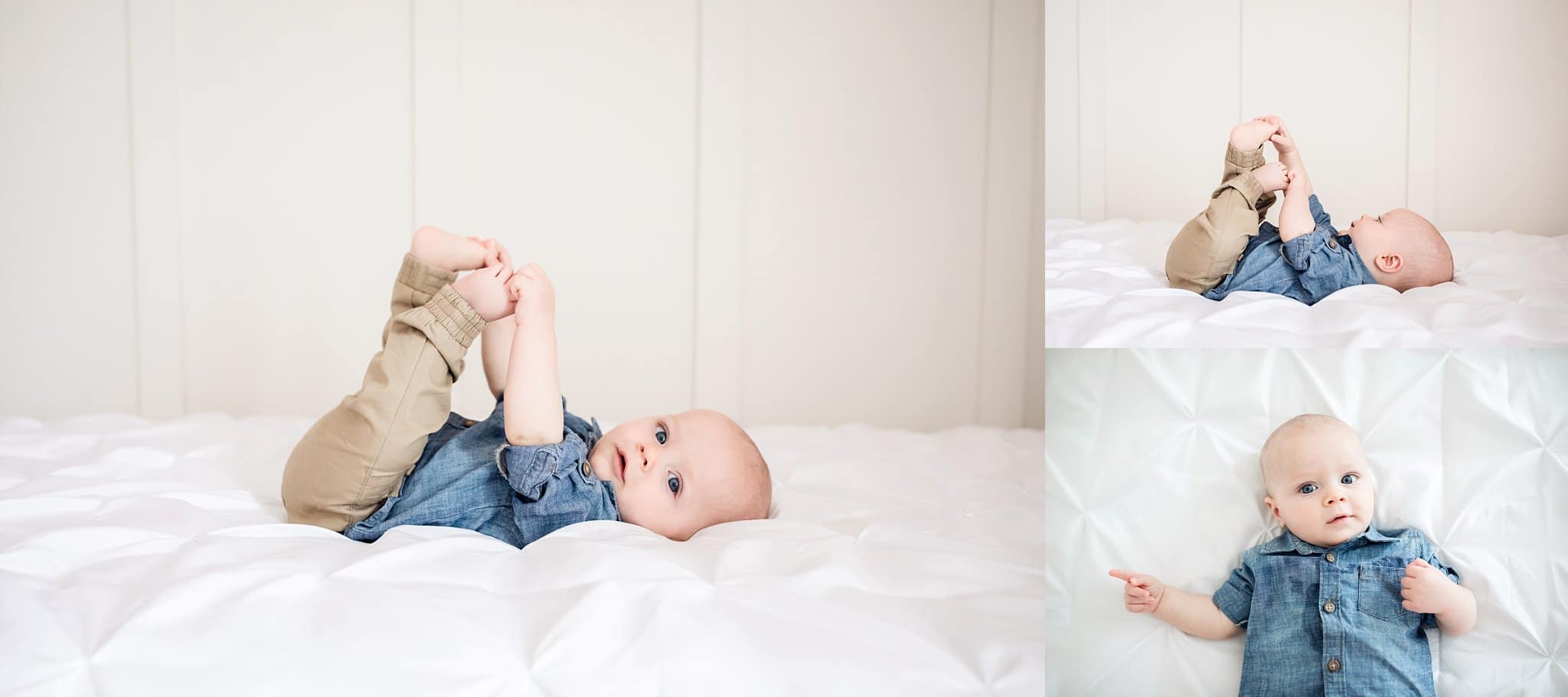 St Augustine Lifestyle Photographer blue eyed baby boy playing with toes on white bed