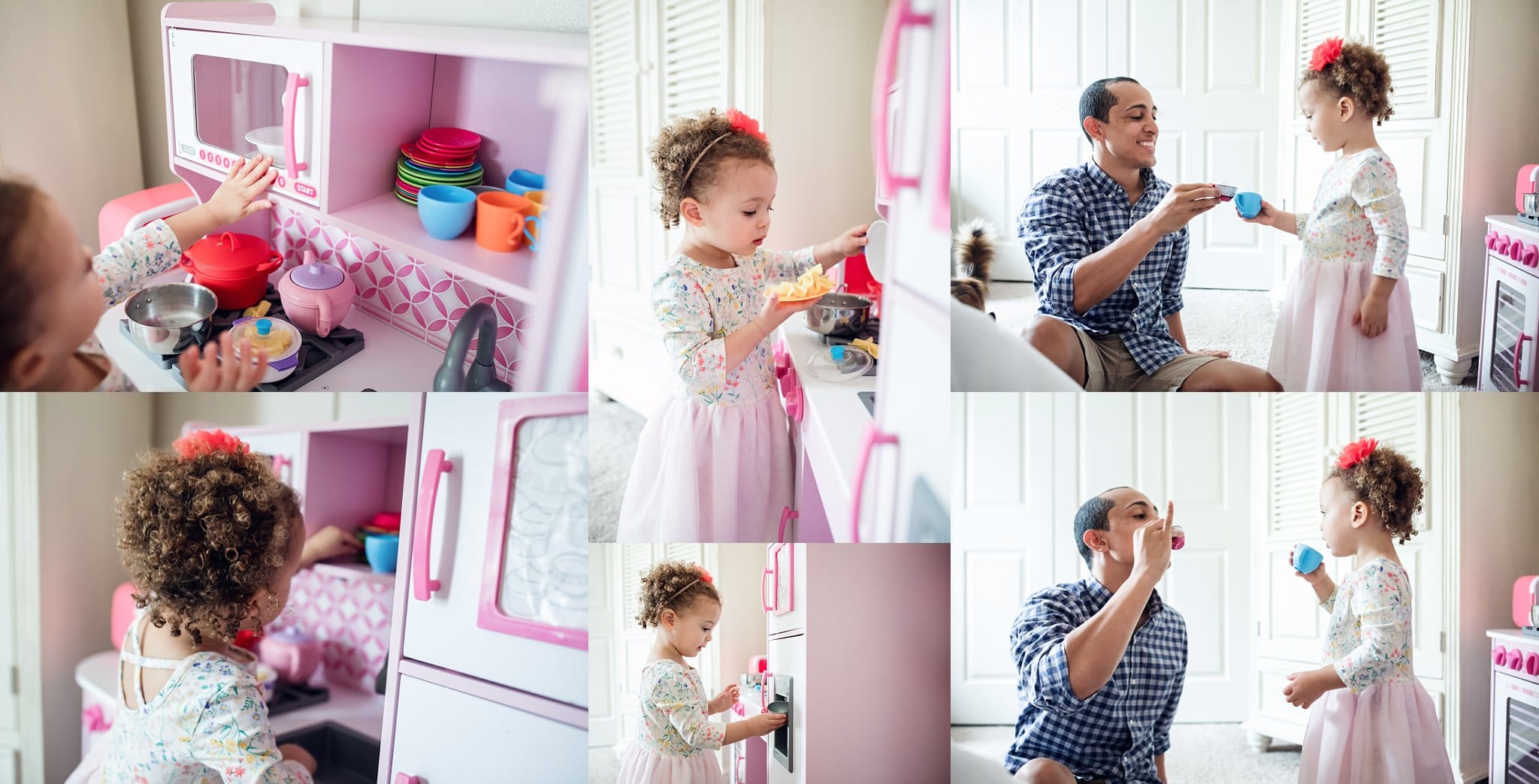 St Augustine Lifestyle Photographer little girl playing in toy fridge and drinking tea with daddy