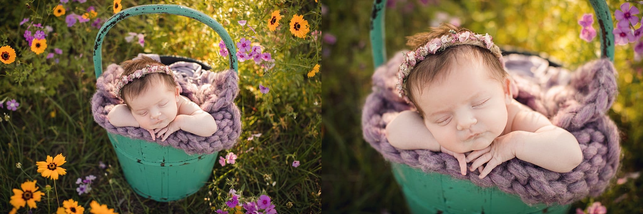 Outdoor Newborn Photographer Jacksonville Fl baby sleeping field of yellow and purple flowers Teal bucket with lavender blanket and floral crown