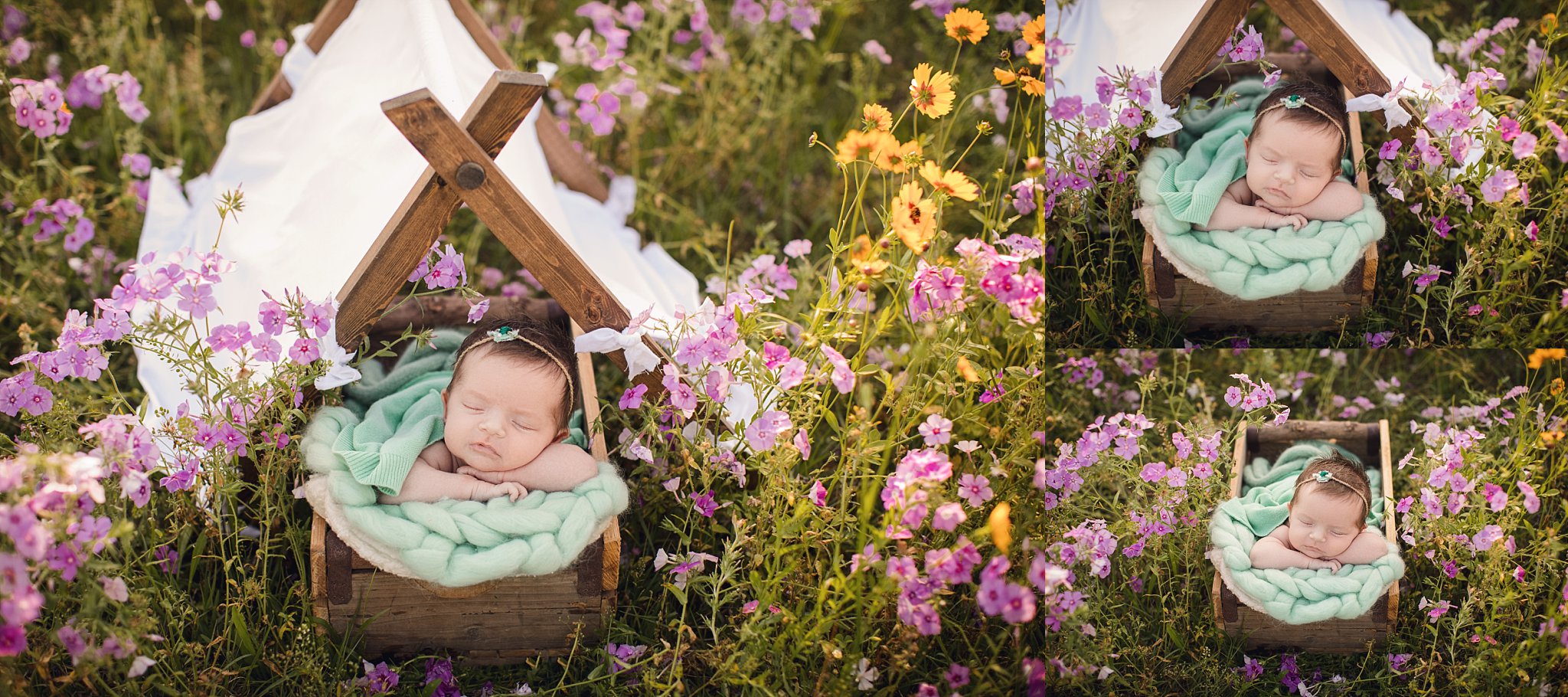 Outdoor Newborn Photographer Jacksonville Fl baby sleeping field of yellow and purple flowers rustic crate mint blanket and headband white teepee
