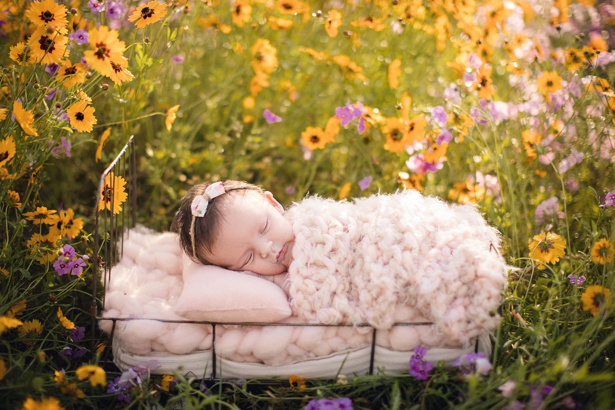 Outdoor Newborn Photographer Jacksonville Fl baby sleeping field of yellow and purple flowers soft fuzzy blush blanket