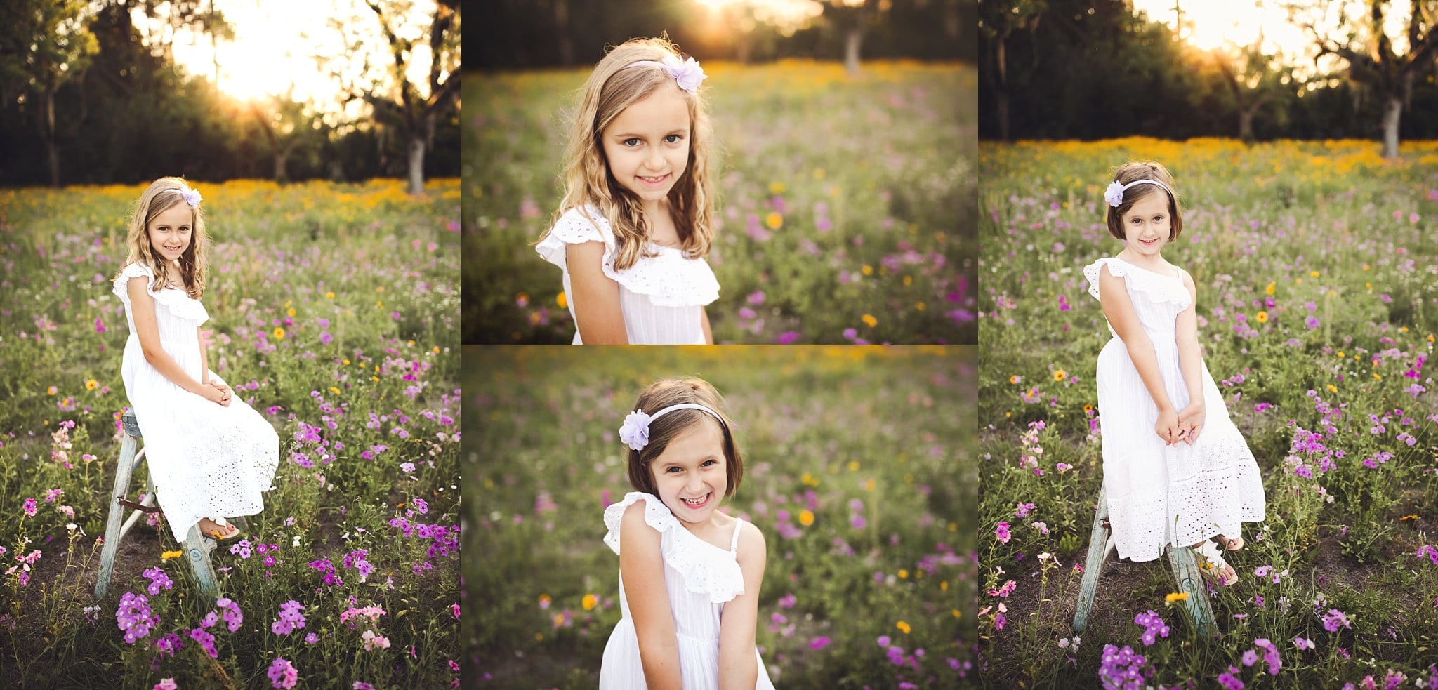  little girls white dresses rustic ladder Hampton Flower Field Jacksonville Fl beautiful field of purple and yellow flowers