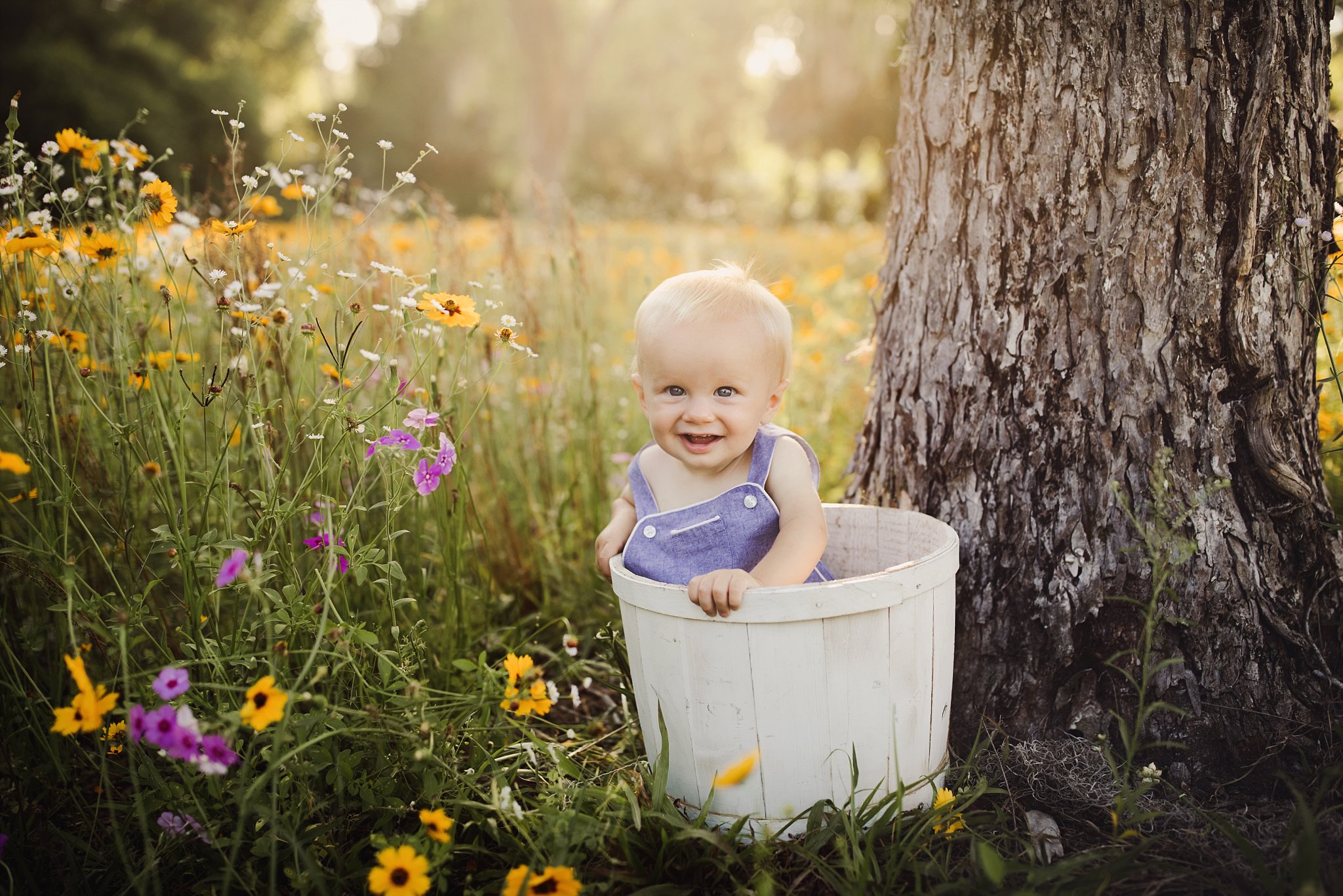 NE FL Family Photography adorable blonde baby boy in rustic basket by tree in flower field