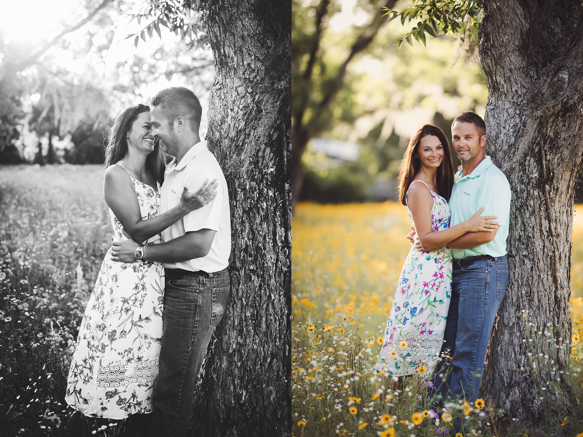 NE FL Family Photography beautiful black and white backlit image of couple by tree in flower field