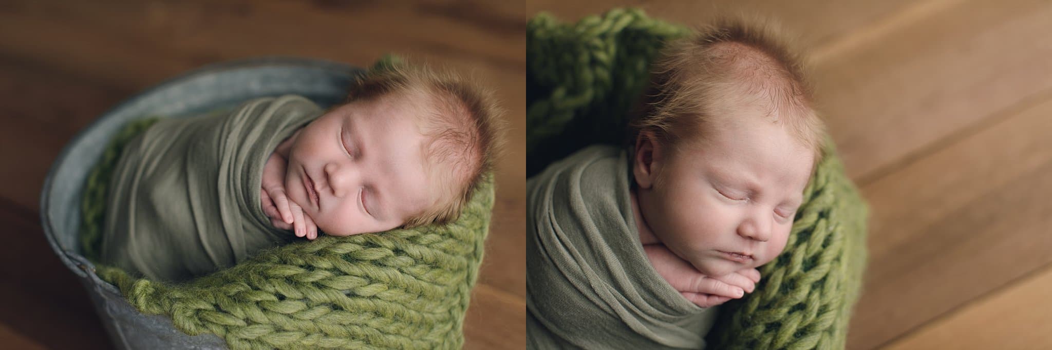 St Johns County Newborn Photographer baby boy with fuzzy hair swaddled in green