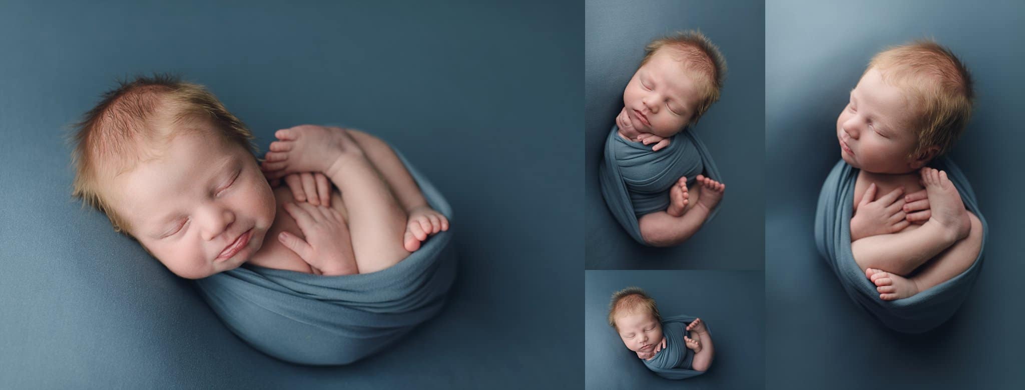 St Johns County Newborn Photographer baby boy with fuzzy hair swaddled in teal