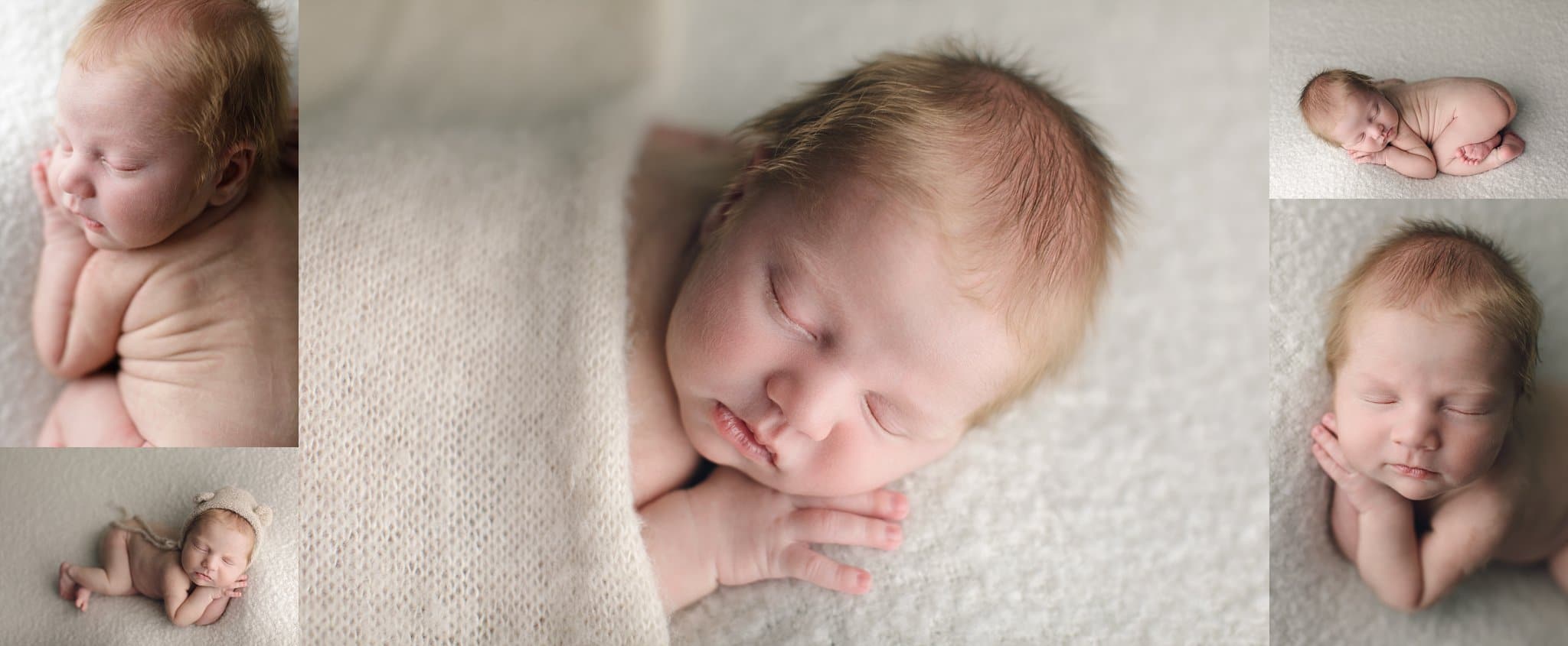 St Johns County Newborn Photographer baby boy with fuzzy hair sleeping on cream blanket
