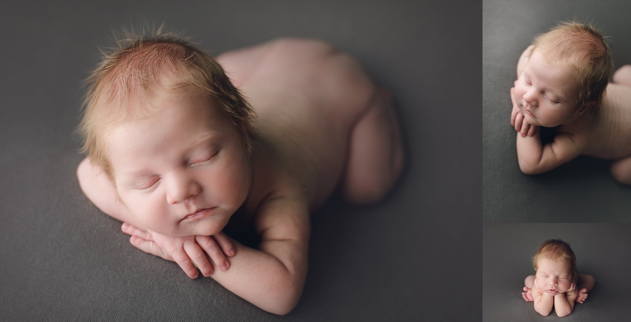 St Johns County Newborn Photographer baby boy with fuzzy hair lying on tummy on grey blanket