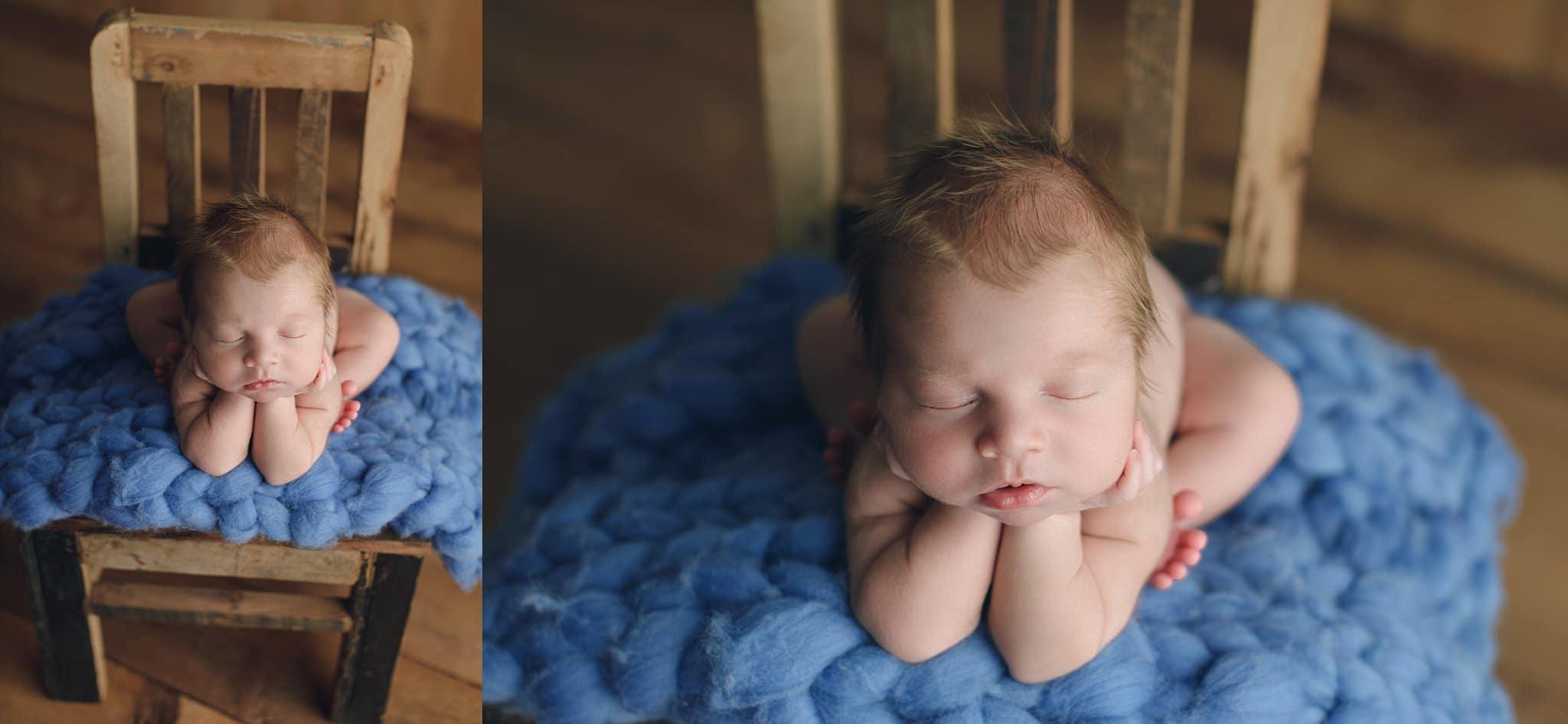 St Johns County Newborn Photographer baby boy with fuzzy hair froggy pose on blue balnket on rustic chair