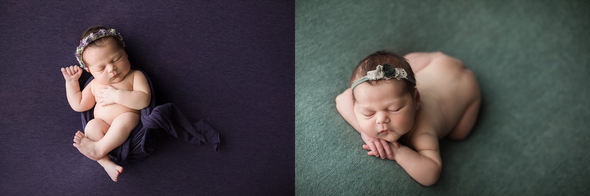 beautiful newborn baby girl sleeping purple balnket teal green balnket floral headband New Baby Photos In Jacksonville