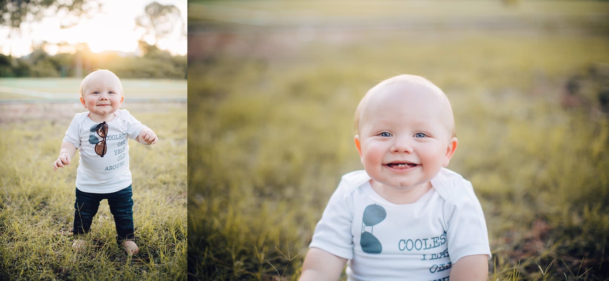 laughing 1 year old toddler wearing white tshirt that says coolest one year old around One Year Photos in Jacksonville