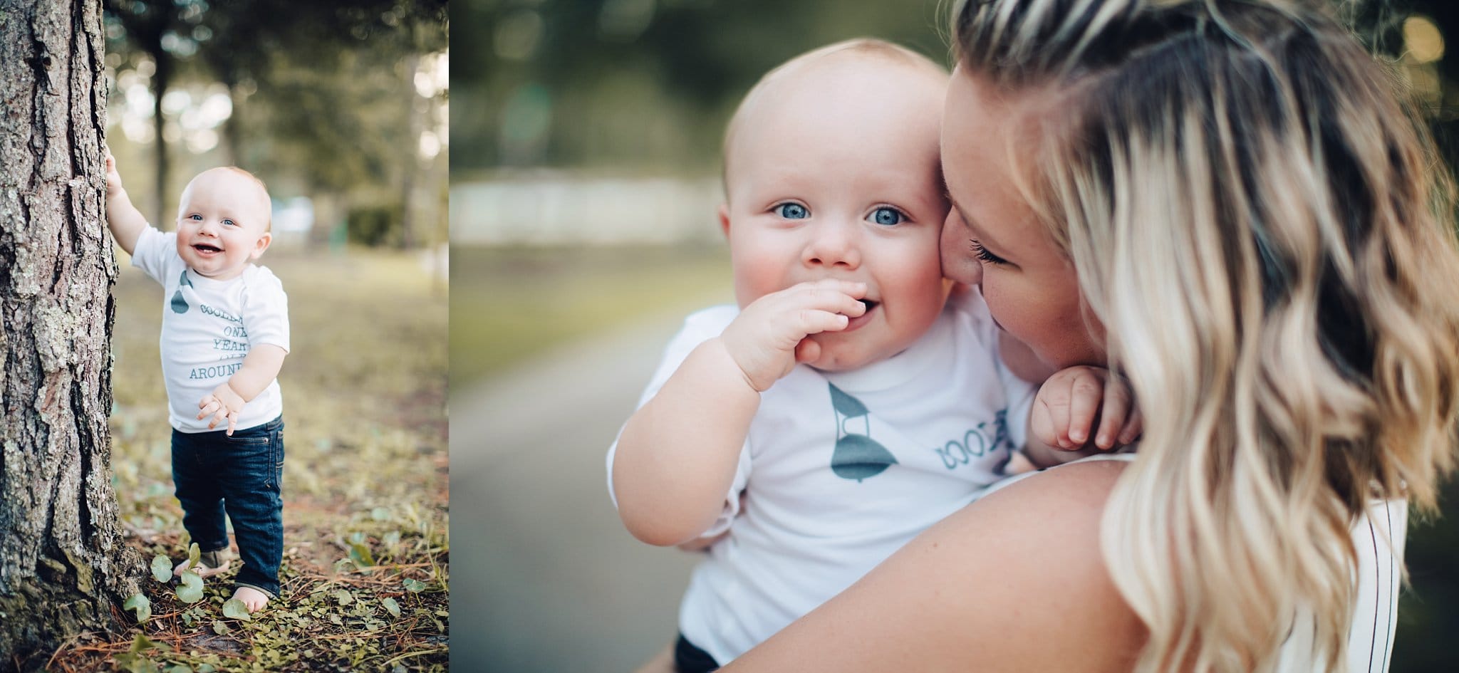 One year old toddler being hugged by his two moms chubby hand on moms face backlight One Year Photos in Jacksonville