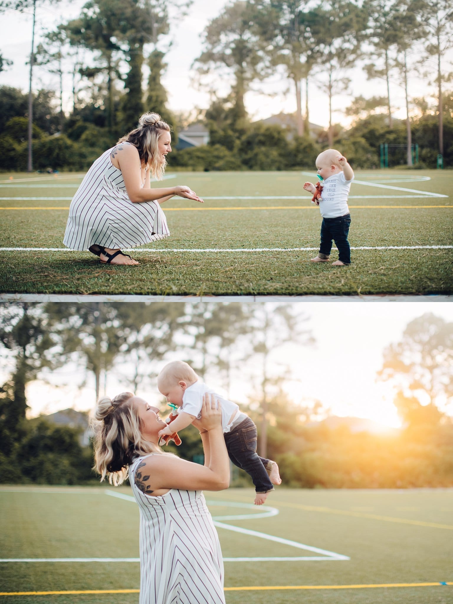 one year old toddler walking to mom on football field beautiful backlight One Year Photos in Jacksonville 