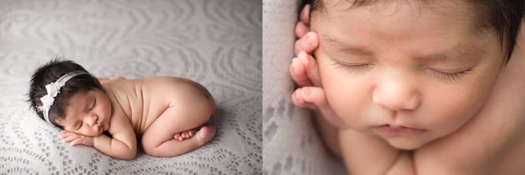Jacksonville Photographer newborn studio photography baby girl with dark hair sleeping on grey lace blanket grey headband