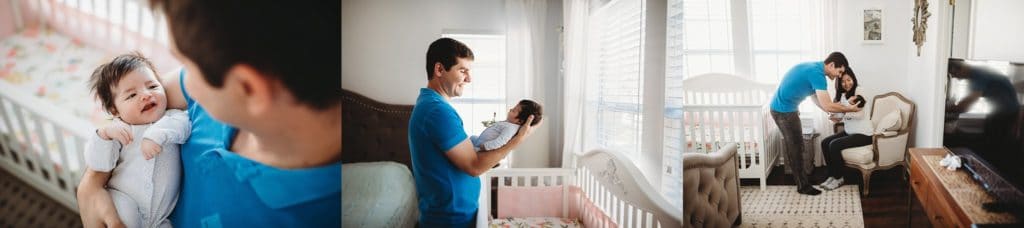 Jacksonville Photographer Jacksonville Photographer in home lifestyle newborn photography session dad holding baby girl by white crib with beautiful window light flowing in