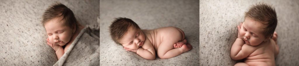 newborn baby boy with fuzzy hair sleeping on speckled cream and beige backdrop tushy up pose