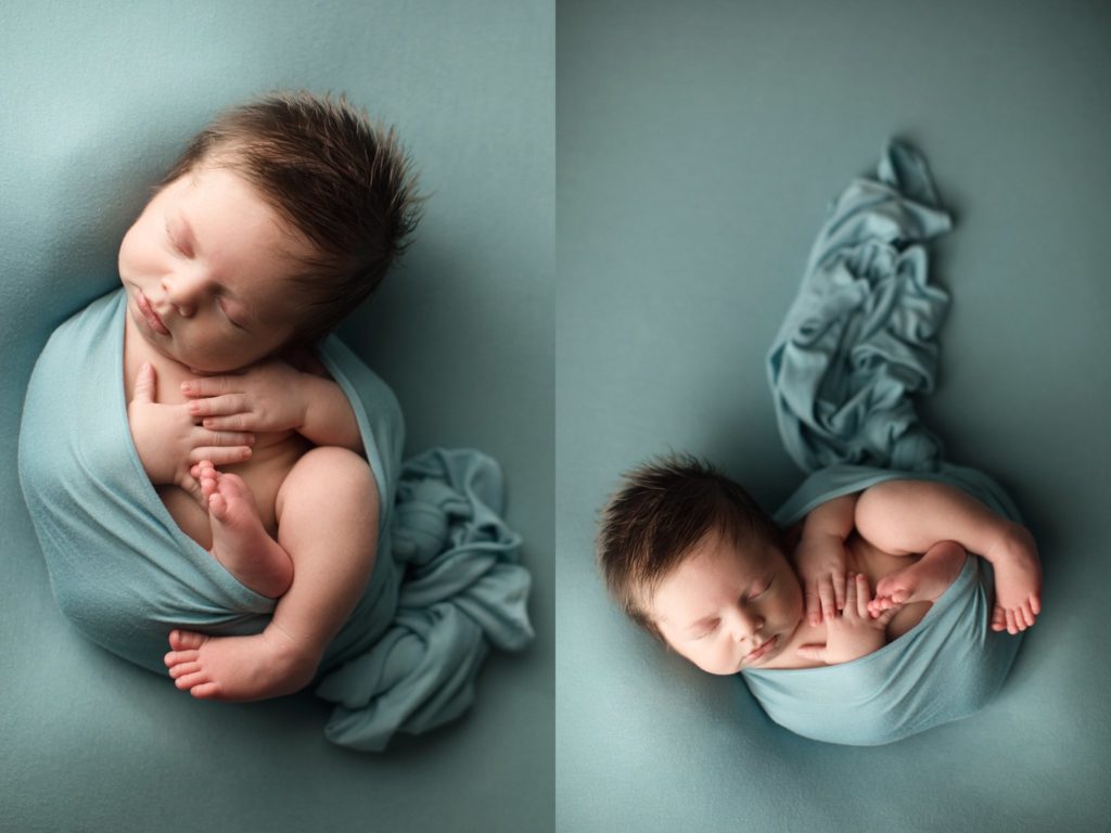 newborn baby boy with fuzzy hair sleeping on aqua teal backdrop egg wrap pose