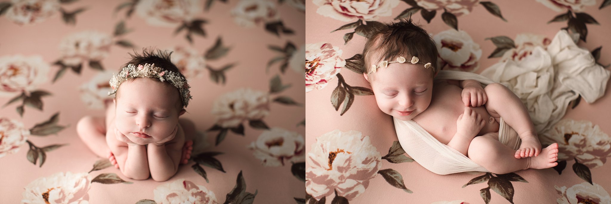 newborn baby girl photographed on floral blanket froggy pose and swaddled with smile