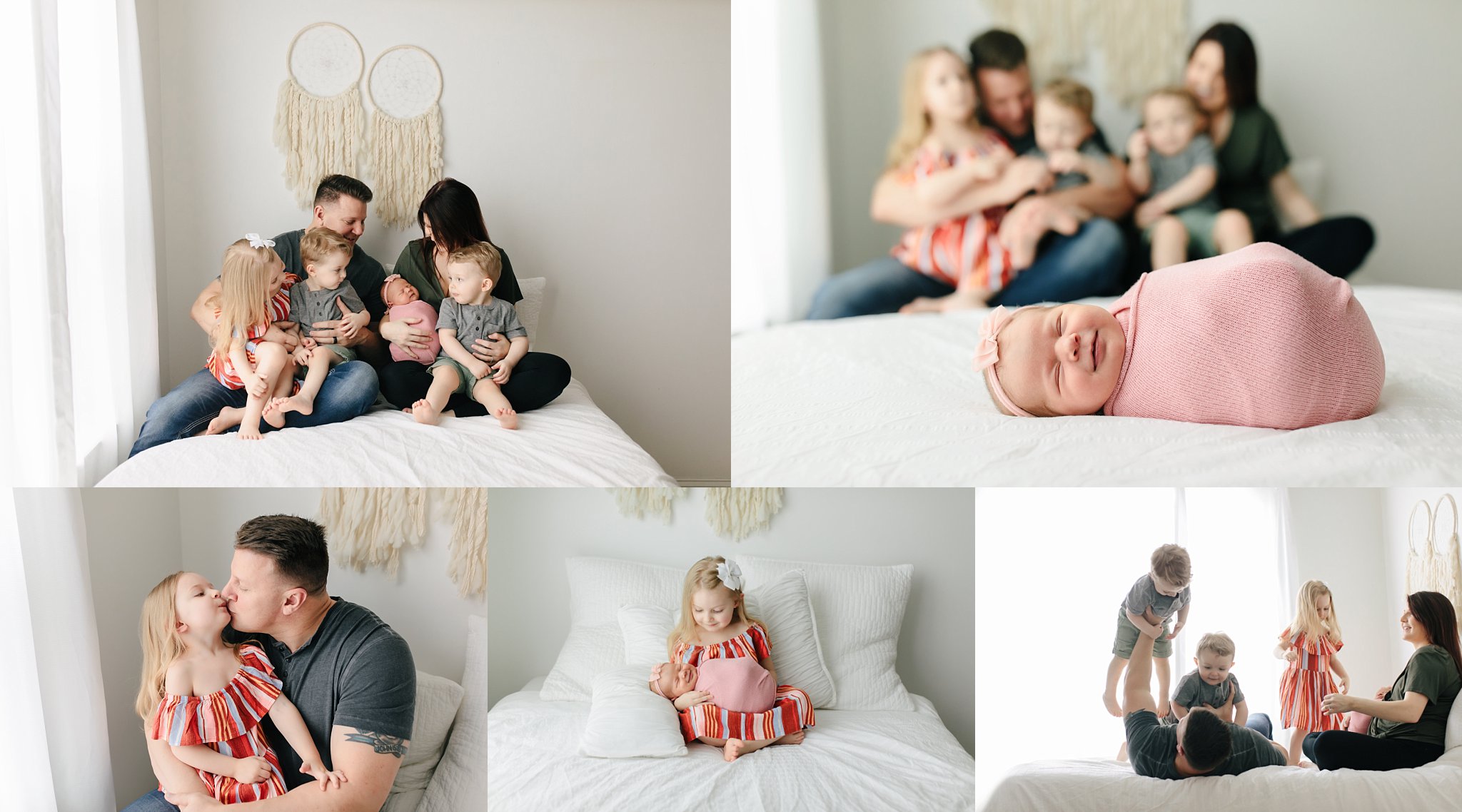 family of 6 with newborn baby girl snuggling on white bed in white room with cream dream catchers on wall