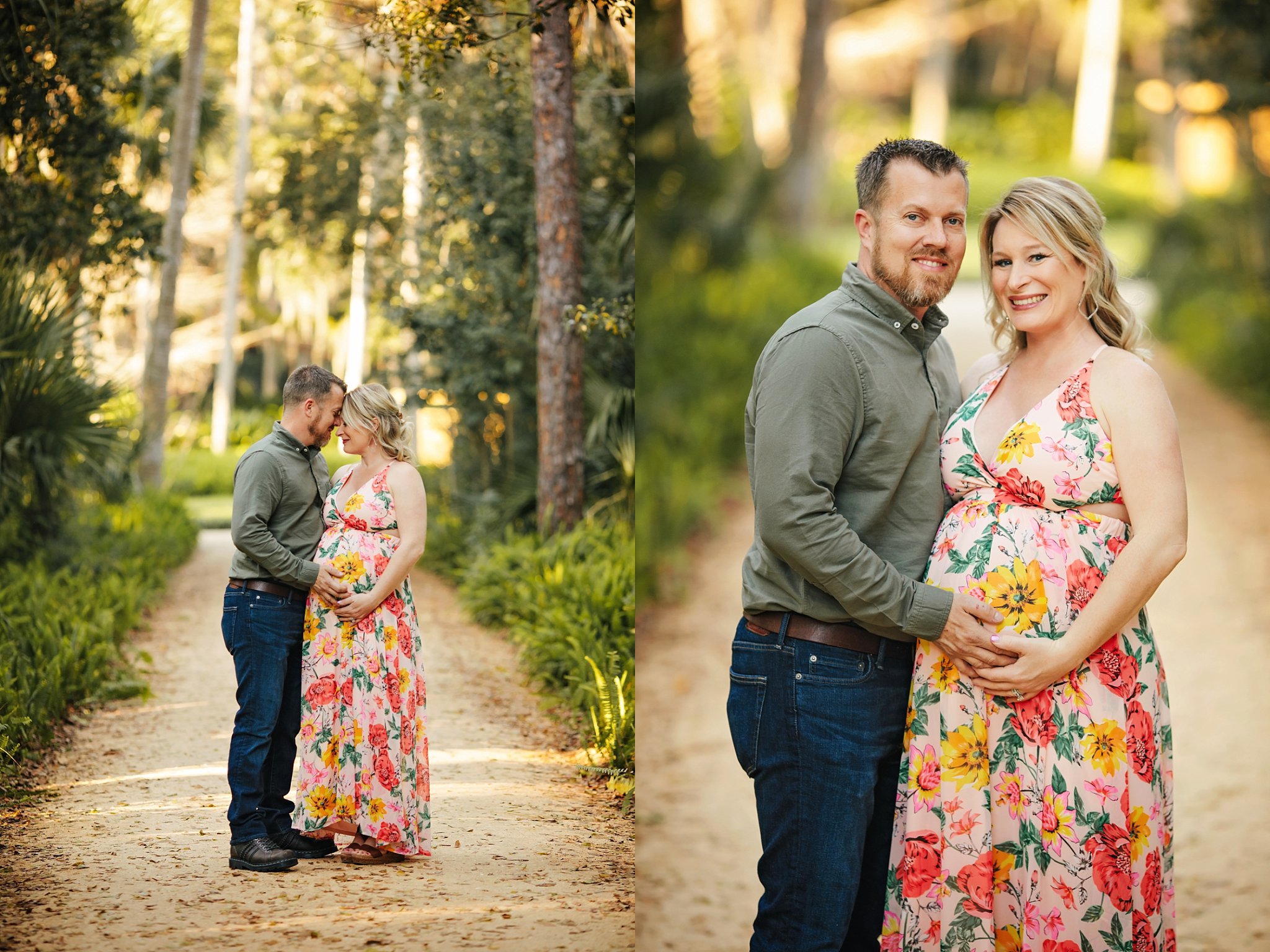 St Augustine Maternity Photographer Washington Oaks Gardens State Park expectant parents pregnant mom in long floral dress standing on woodsy path