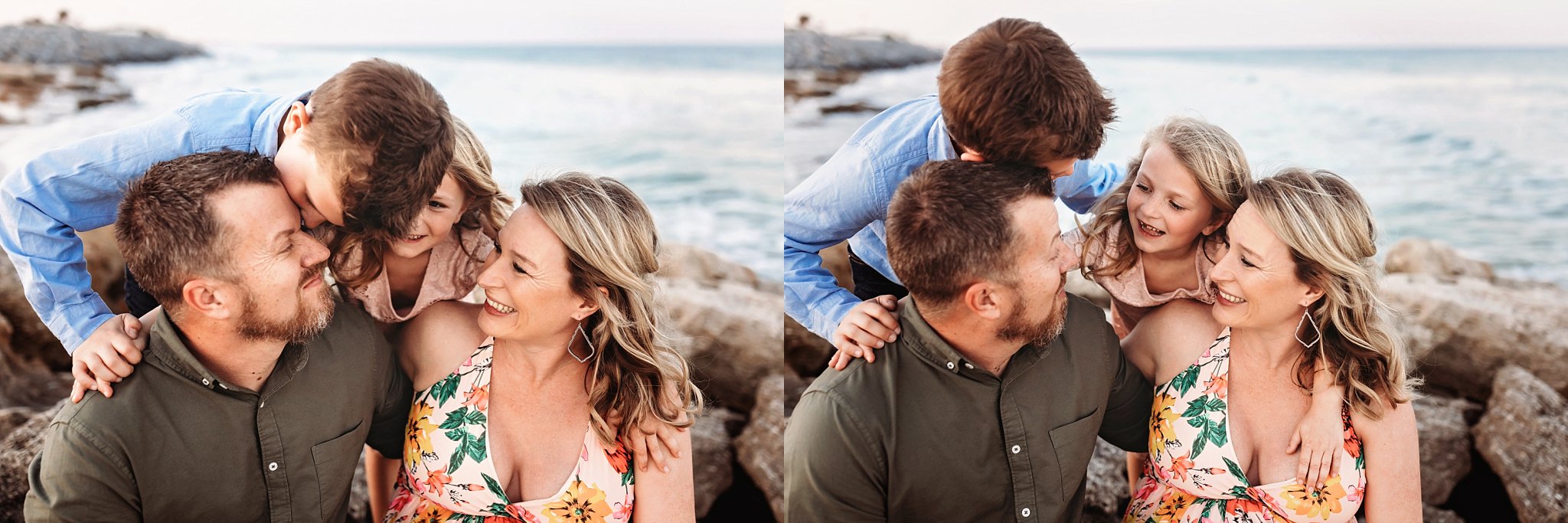 St Augustine Maternity Photographer Washington Oaks Gardens State Park fmaily of 4 laughing while sitting on rocky beach