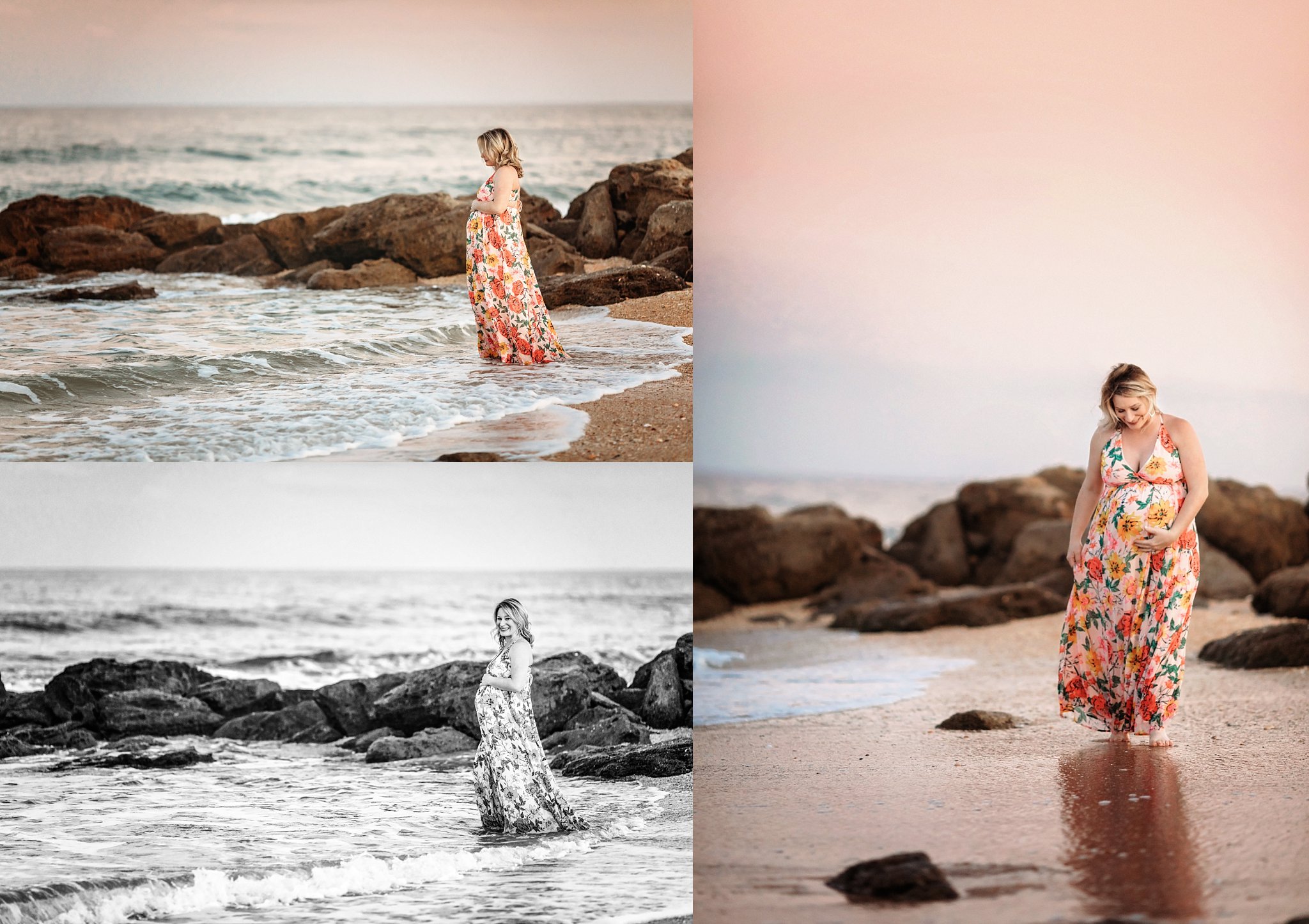 St Augustine Maternity Photographer Washington Oaks Gardens State Park beautiful pregnant mom standing on a rocky beach with pink skies at sunset wearing long floral dress