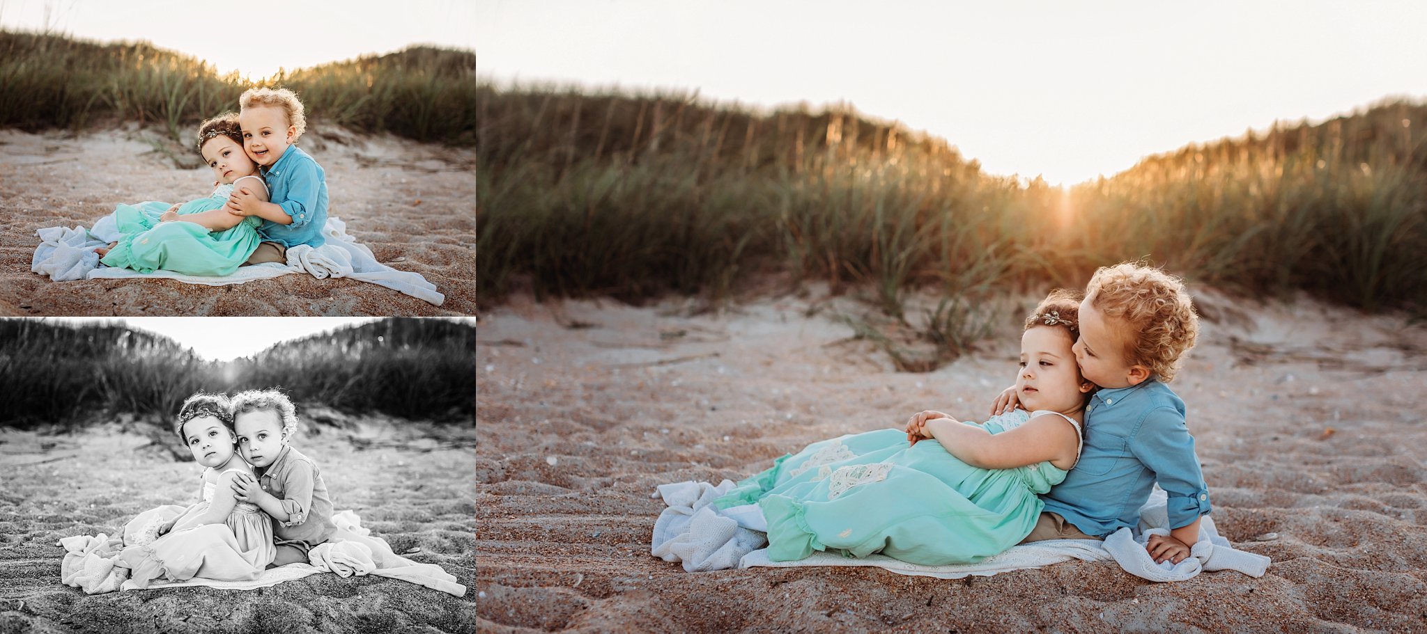 twin beach session boy girl twins snuggling on sunlit beach on white lace blanket